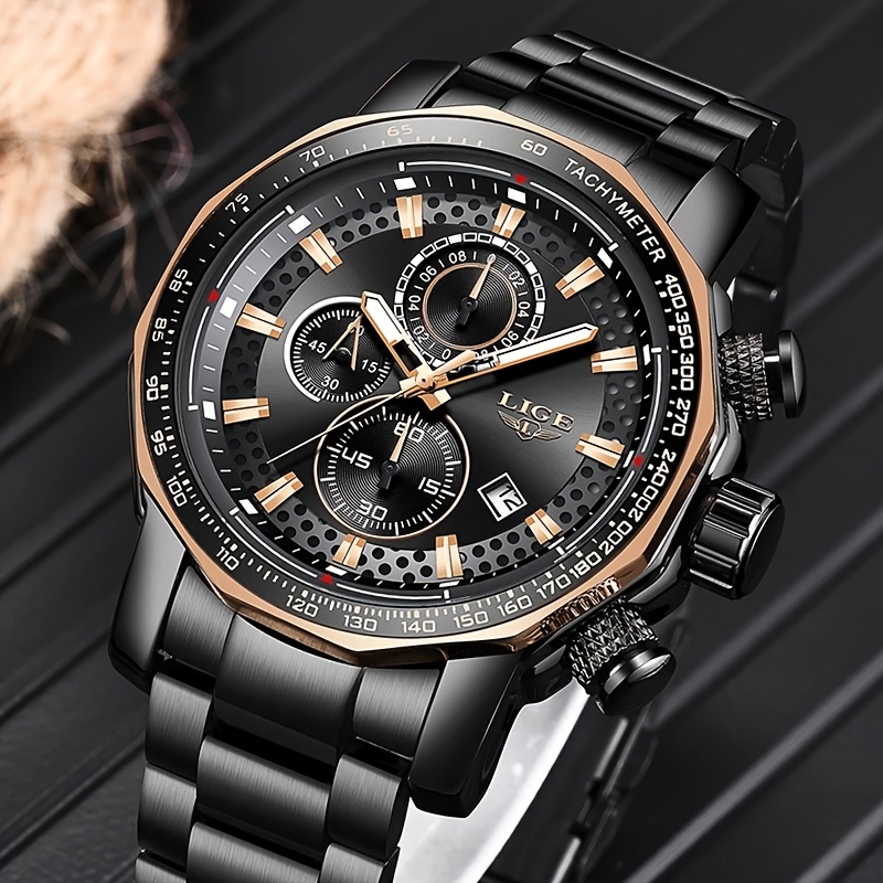   mens vintage quartz watch stainless   black dial with date display stopwatch chronograph functions 30    casual elegant   holiday gift for men casual watch quartz movement watch durable watch