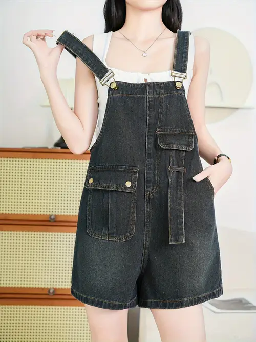 세척된 블루 조절 가능한 스트랩 루즈핏 레트로 캐주얼 스타일 데님 멜빵 원피스, 여성 데님 청바지 및 의류