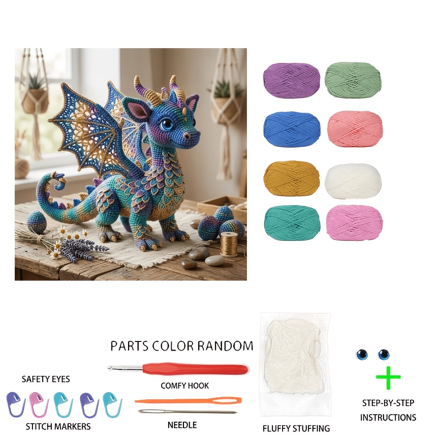 TEMU Little Flying Dragon Crochet Kit, Adult Diy Knitting Set, Suitable For Crochet Enthusiasts - Moderately Challenging, Includes Knitting Needles,