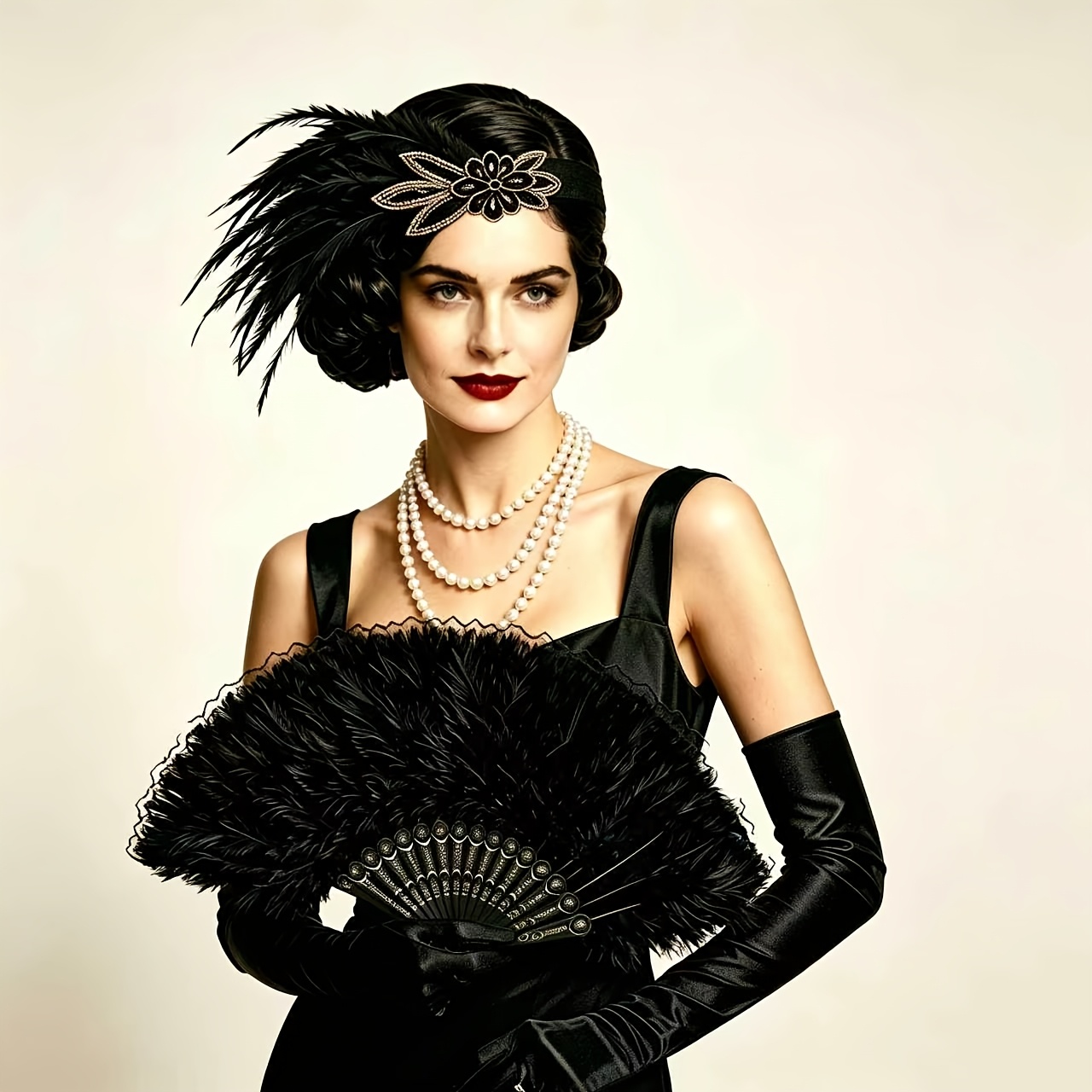 4pcs 1920s Vintage Party Accessories Set with Feather Headband and Fan
