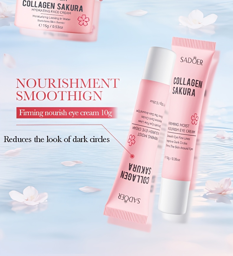 Set de călătorie hidratant cu colagen Sakura, 6 bucăți. Conține demachiant, toner, loțiune, ser, cremă de ochi, cremă de față. Set de îngrijire a pielii feței. Hidratează, netezește, face pielea moale și delicată.