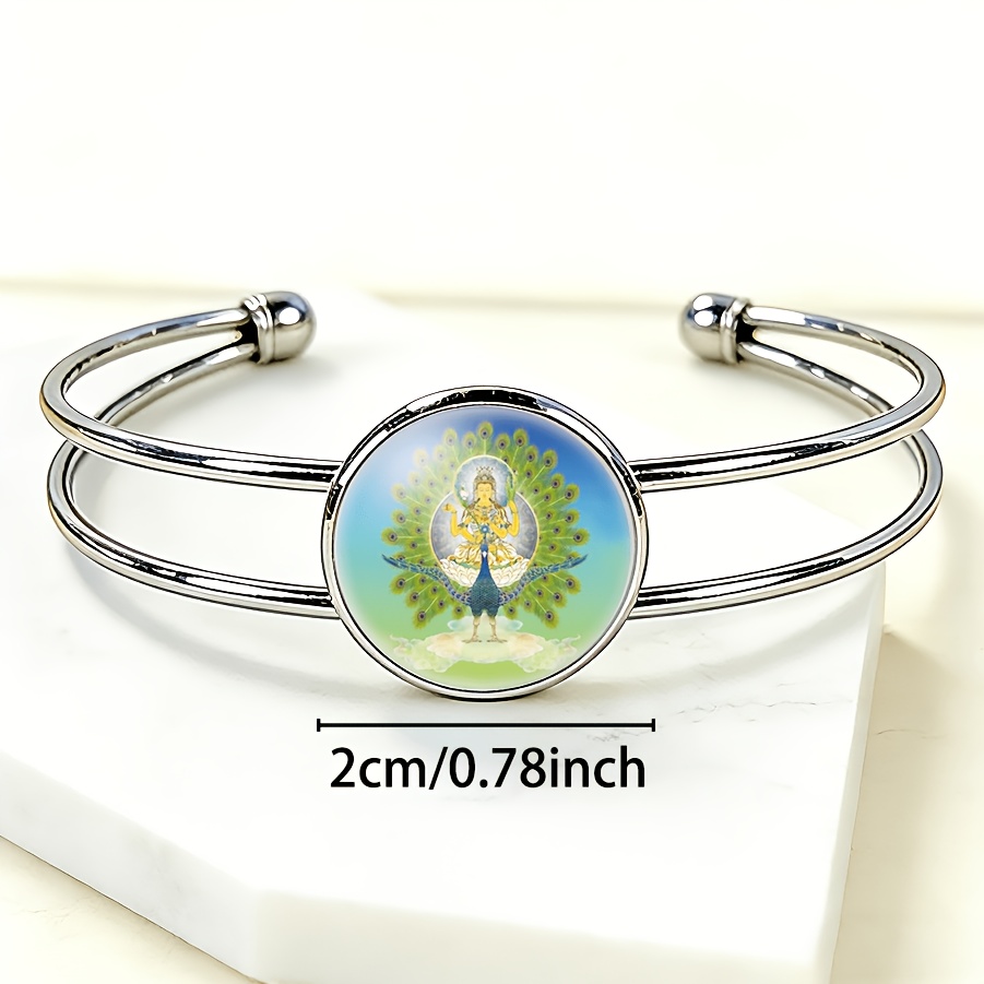 Women's Adjustable Open Bangle with Round Time Gemstone Inlay, Peacock King Design