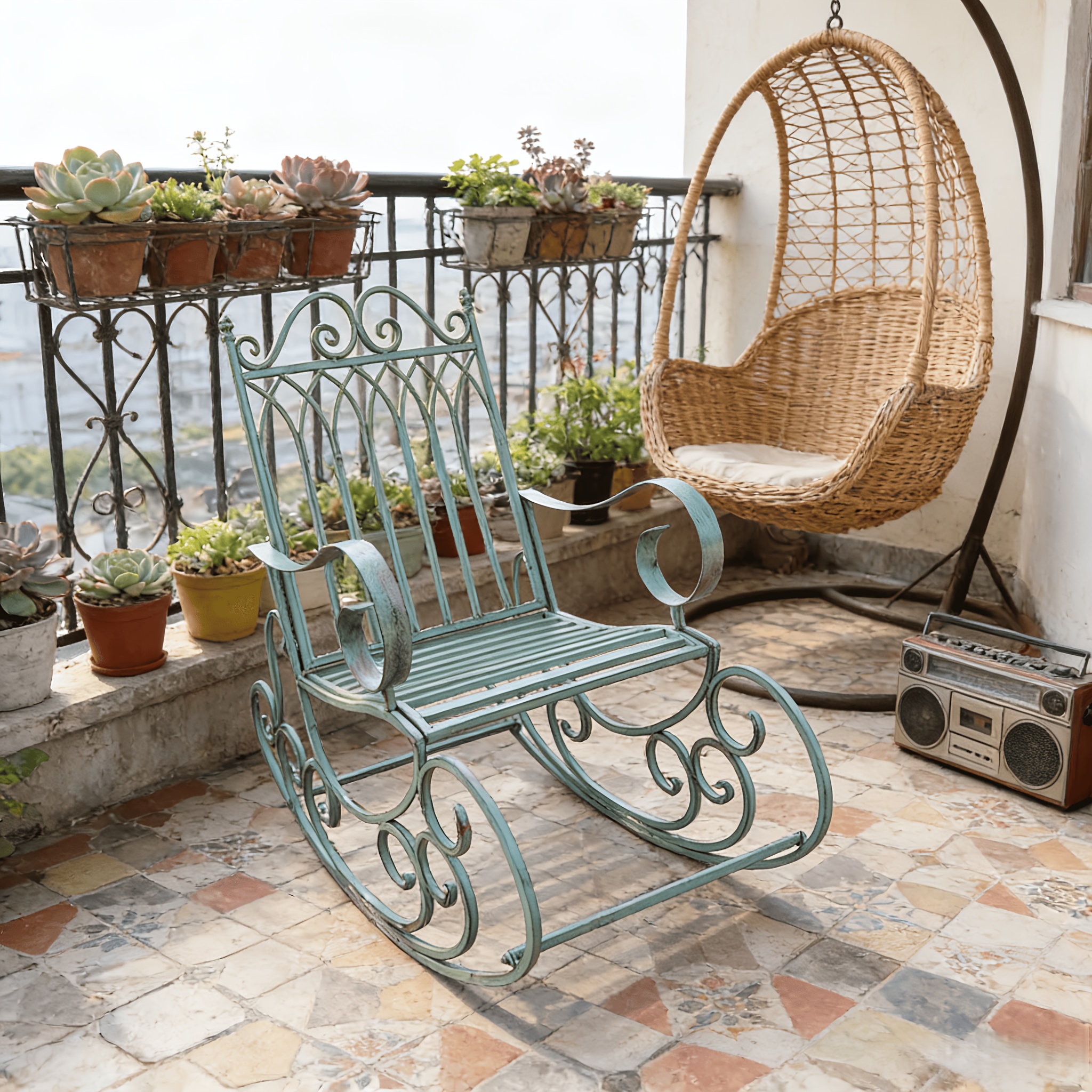 [Iron Rocking Chair] Outdoor Garden Single Wrought Iron Rocking Chair - Durable Iron Frame, Patio Rocking Chair, Comfortable Reading Chair, Cross-back Design, Suitable For Gardens, Lawns, Or Outdoor Use, Garden Seating, Outdoor Furniture