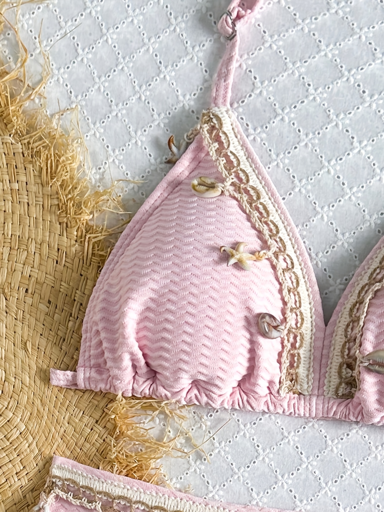 item picture 26ss teen 13 16y bikini swimsuit 2pcs separate set pink textured fabric   sweet cute bikini set fashion casual suitable for spring summer beach pool vacation party wear for teenager for teenager