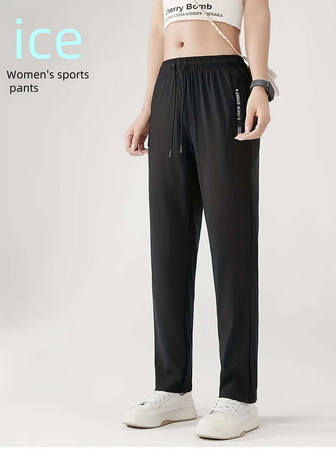 Plus Size, Women's High-Waisted Stretch Pants Trousers with Drawstring  Waist, Non-See-Through Black Pants for,, Everyday Ice Fiber Fabric,