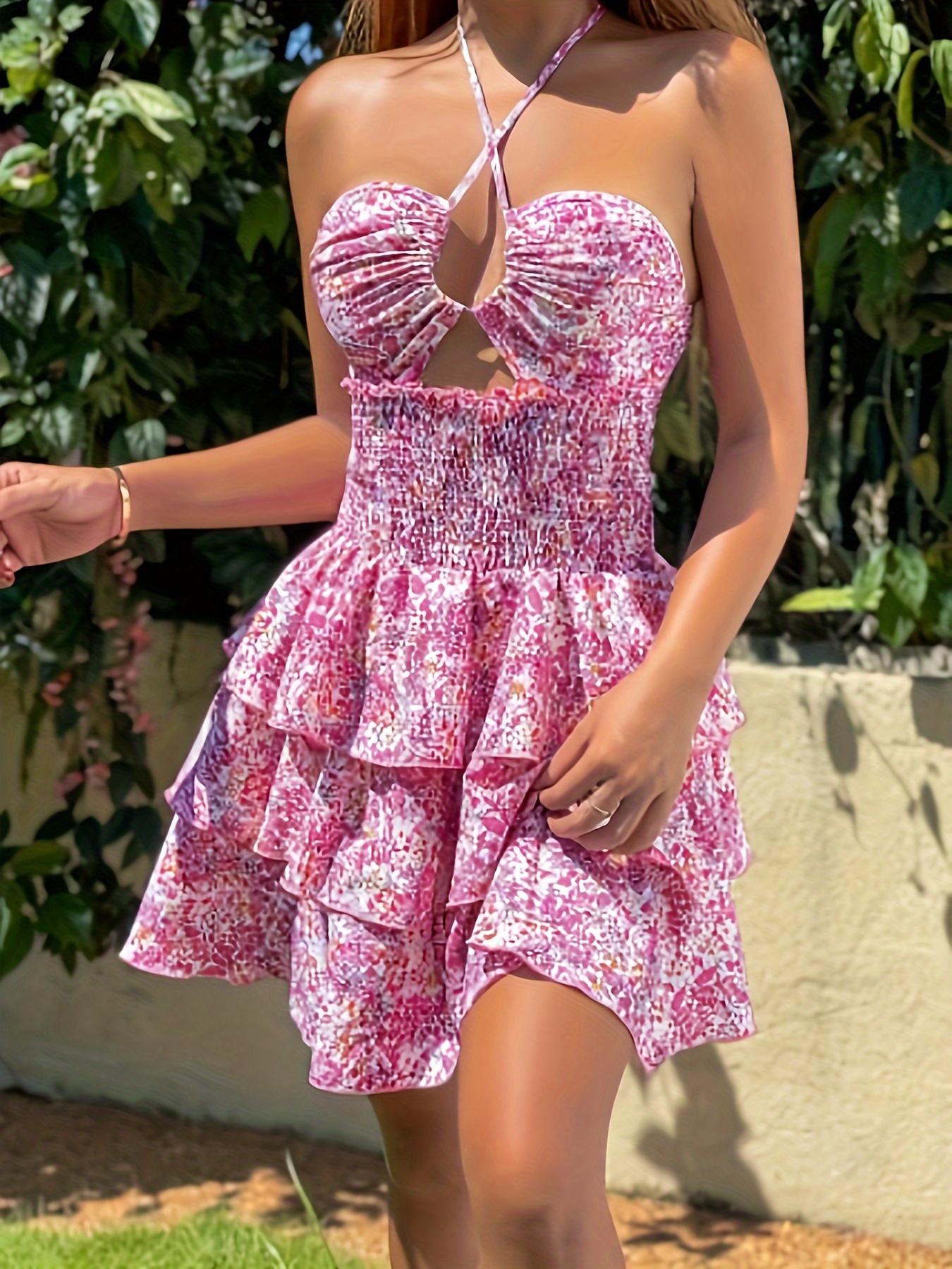 Vestido de verano para mujer, mini vestido sin mangas con cuello redondo y  volados, vestido corto plisado con bloques de colores, suelto y ancho