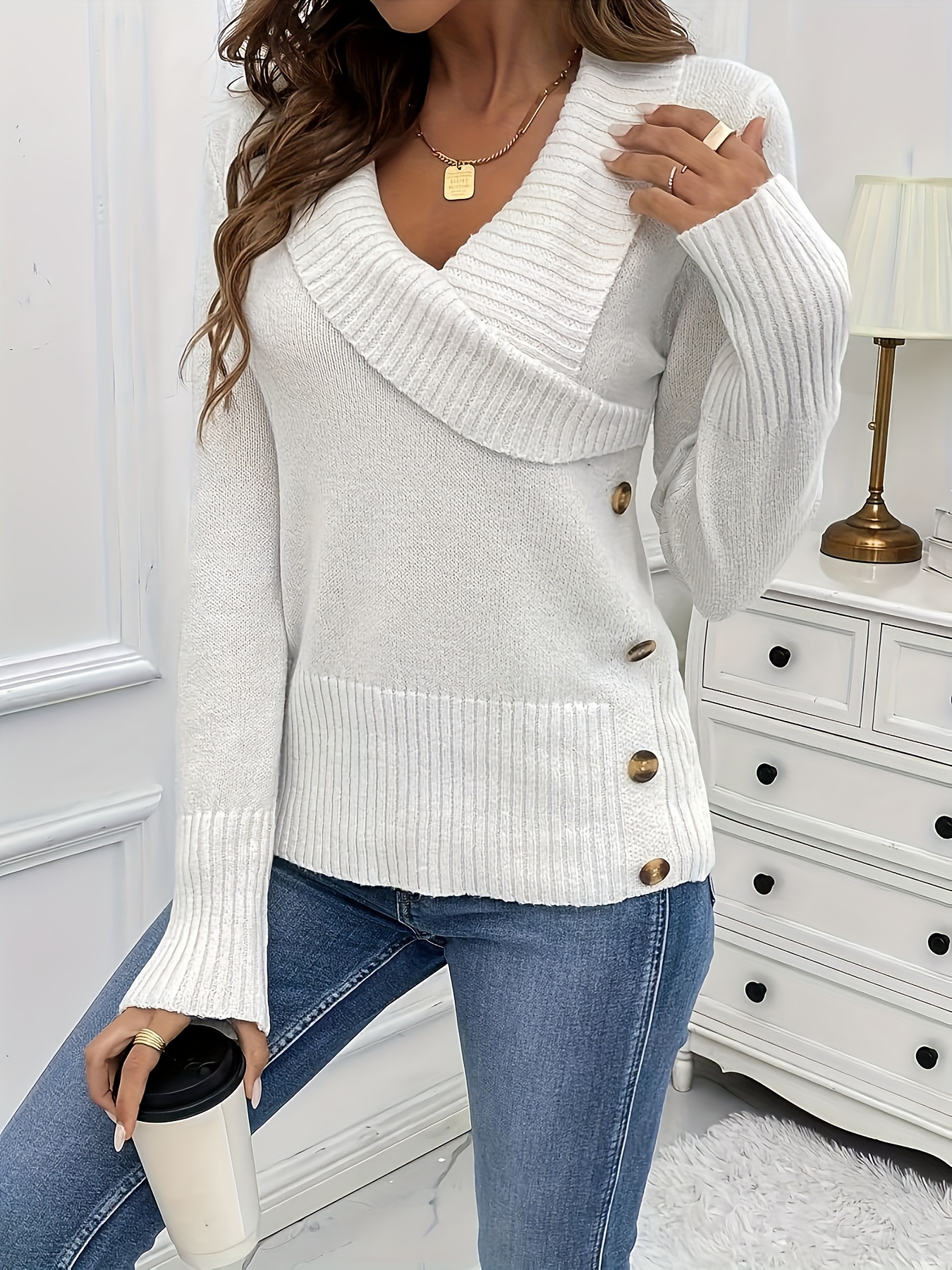 Artikelbild französischer kreuz-v-ausschnitt pullover damen herbst winter neues seitendesign mit knopfdruck lockerer langarm unterhemd