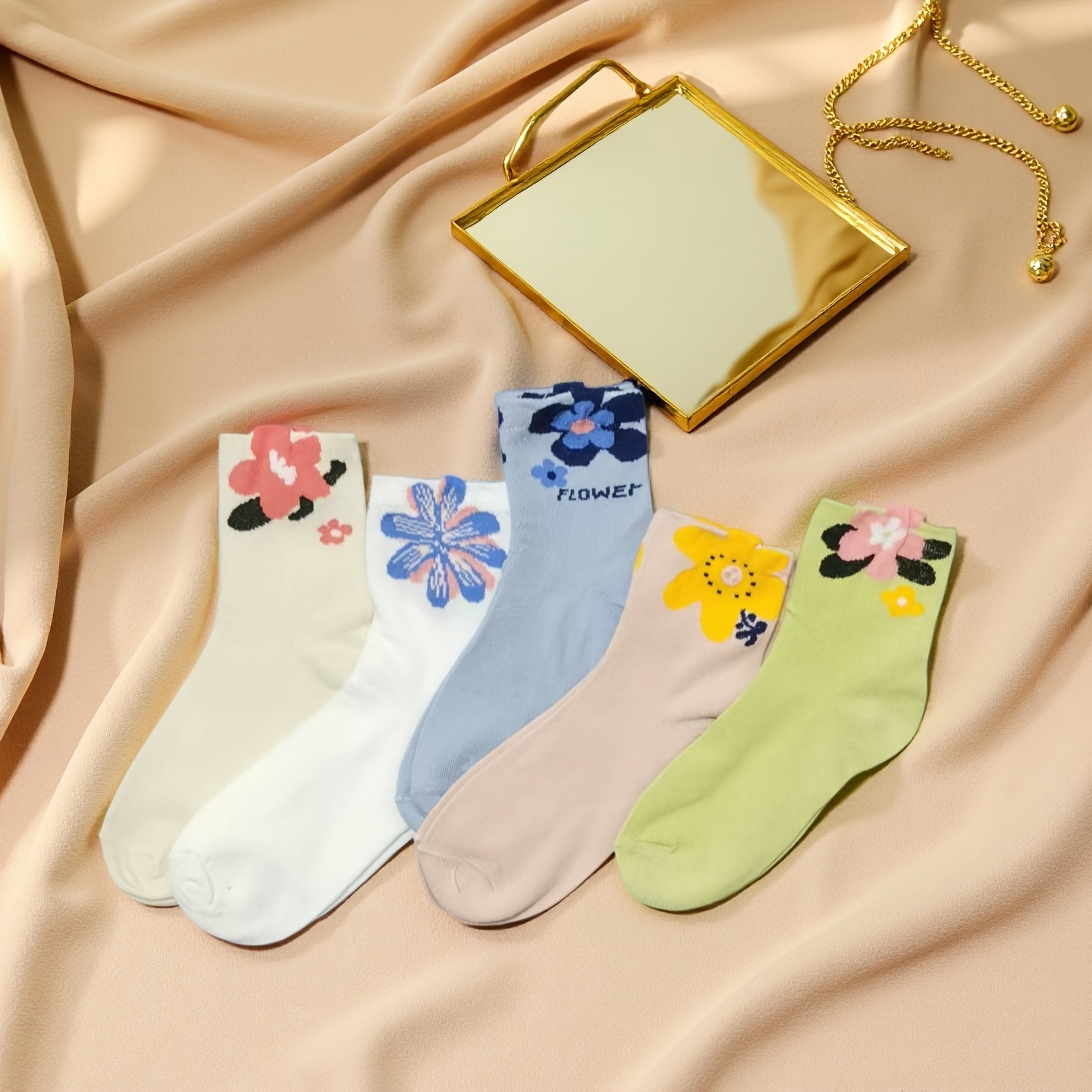 TEMU 5 Pairs Ins Fashionable Colorful Floral Women's Mid-calf Socks, Comfortable Outdoor All-match Korean Cute Preppy Style Women's Socks