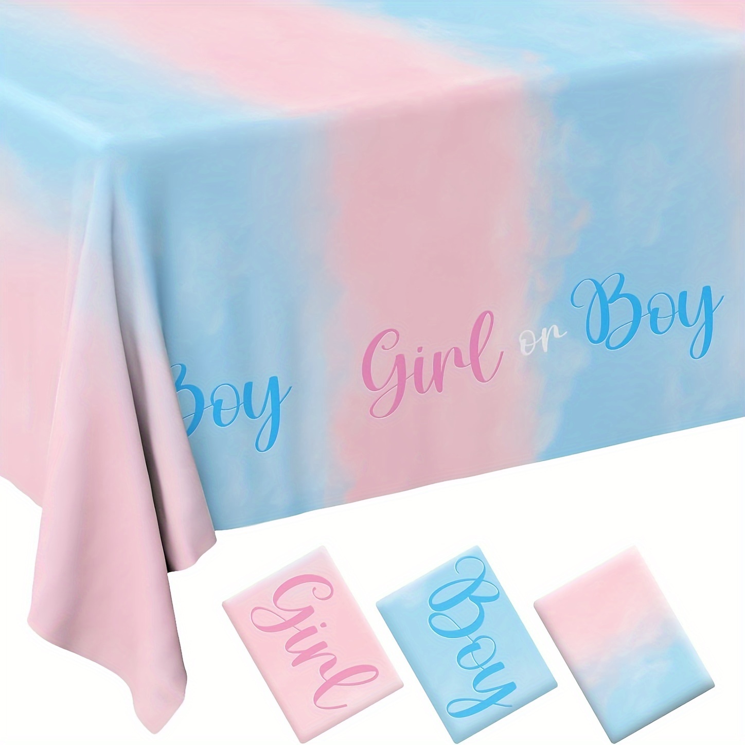 1pc gender reveal party tablecloth disposable plastic table   blue gradient design with girl on boy text     shower birthday restaurant decorations gender reveal party decoration