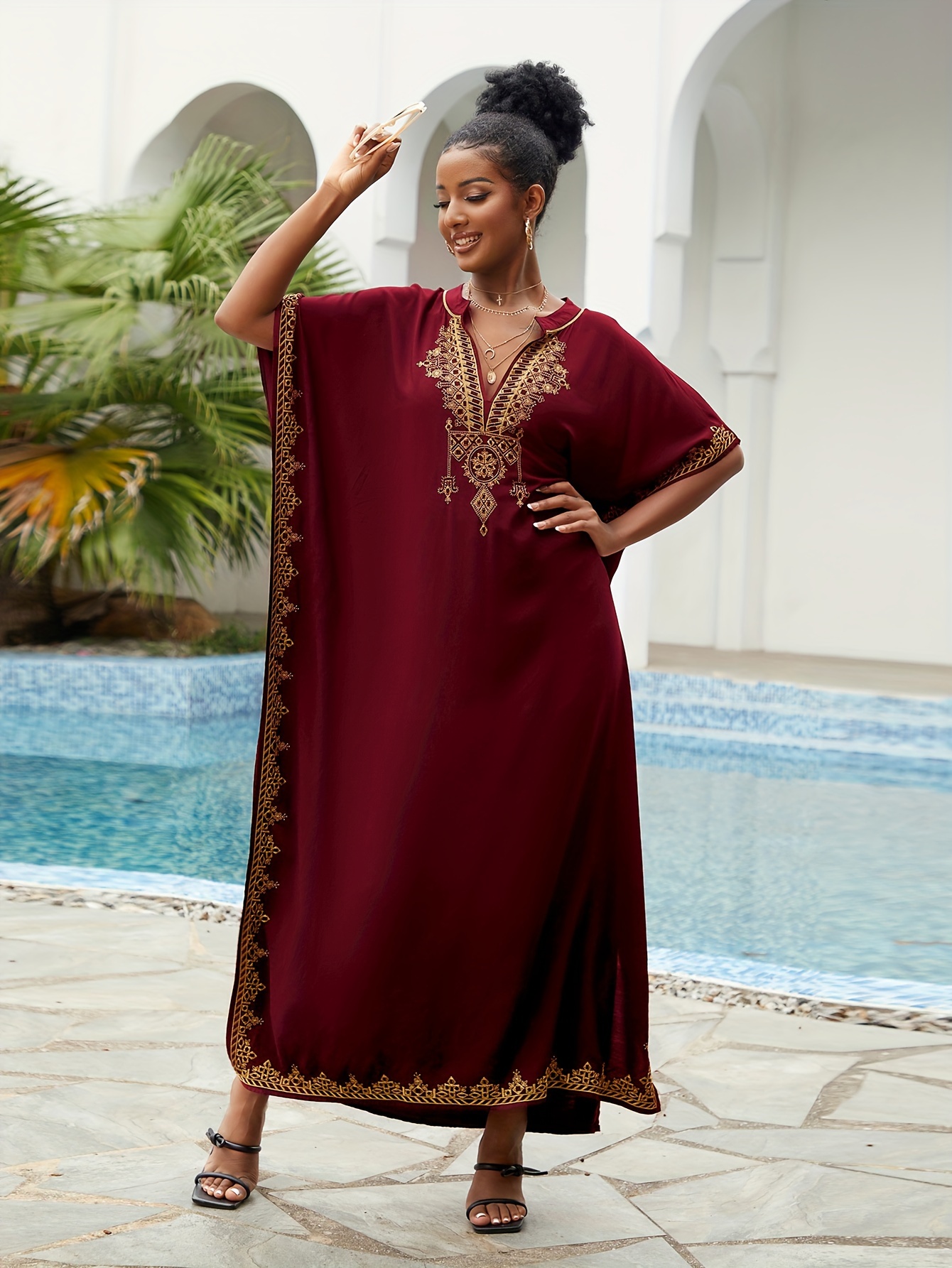 Embroidered Kaftan Dress V neck Beach Cover Casual Vacation Temu