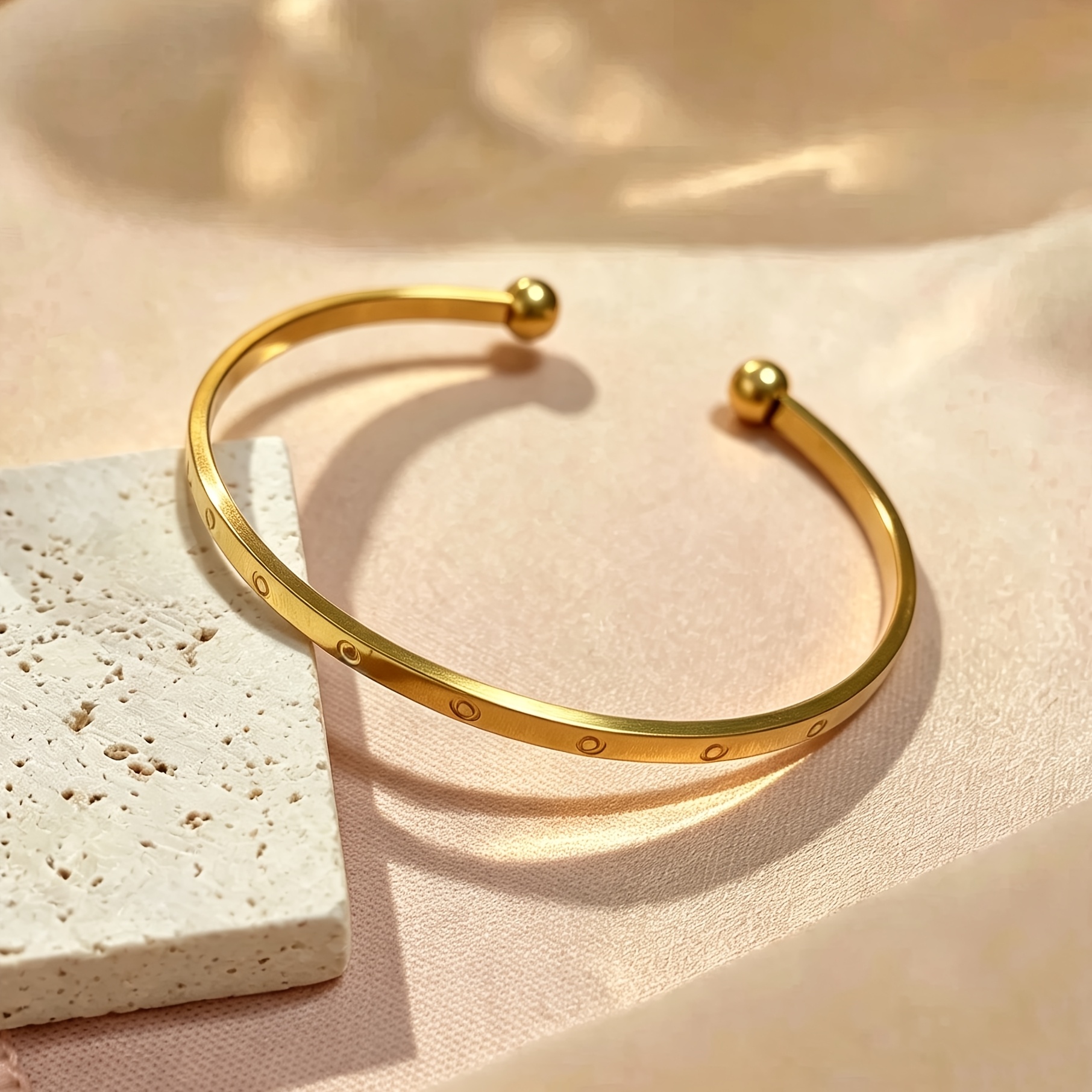 TEMU Bracciale da donna , stile facile, lucido, , con perline a , braccialetto a C in acciaio inossidabile stretto da 3 mm