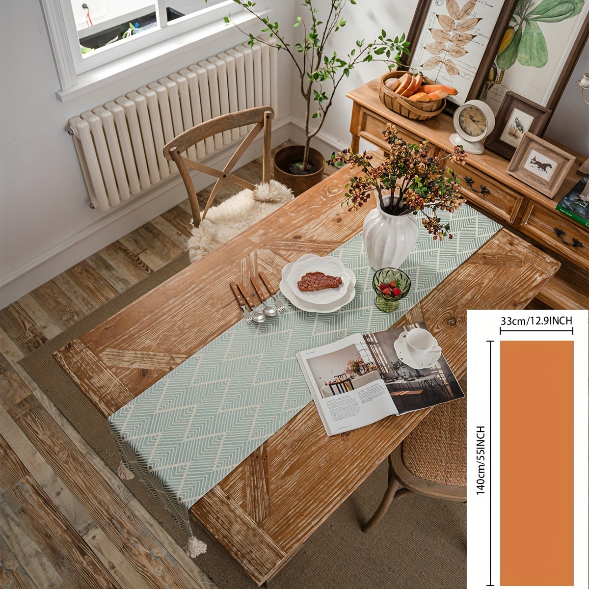 Green Wave White Tassel Table Runner Nordic Jacquard Geometric Table Runner Tassel Green Tea Flag Dining Flag Long Strip 1pc