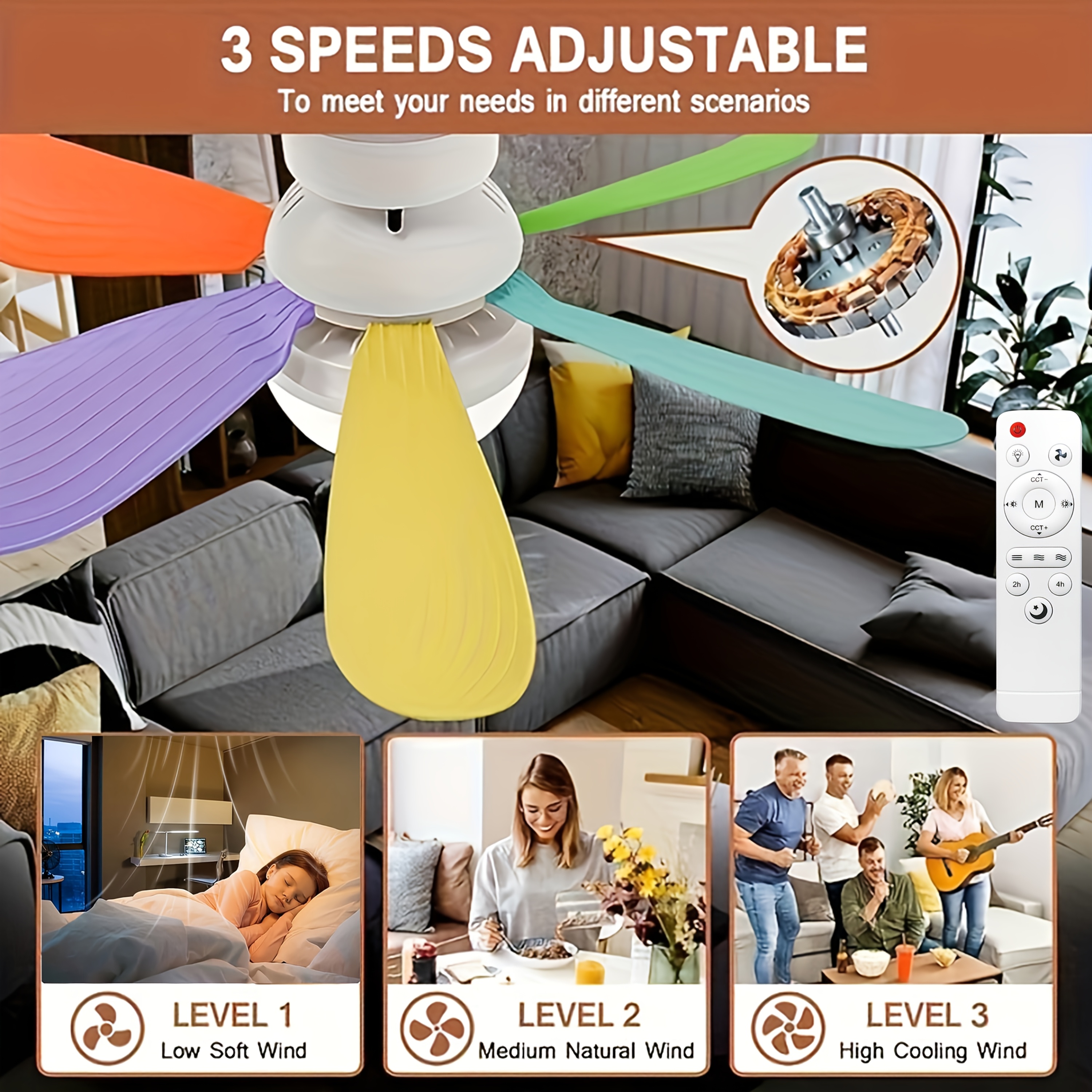 Ventilador de Techo con Luz y Control Remoto, Iluminación LED con Ventilador, 3 Velocidades de Flujo de Aire Silencioso y 3 Temperaturas de Color (3000K-4500K-6500K), Instalación Sin Herramientas + Temporizador, Ventilador de 6 Aspas E26/E27, Ideal para Dormitorio, Sala, Cocina, Garaje, Tiendas y