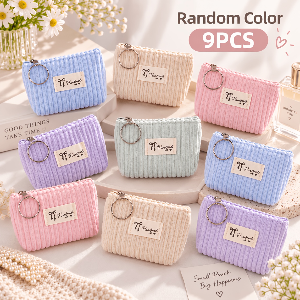TEMU 9pcs Random Color Women's Zipper Wristlet Wallet Set With Hand Rope, Mini Wallet, Portable Cash And Card Bag, Random Color Set For Daily Use,