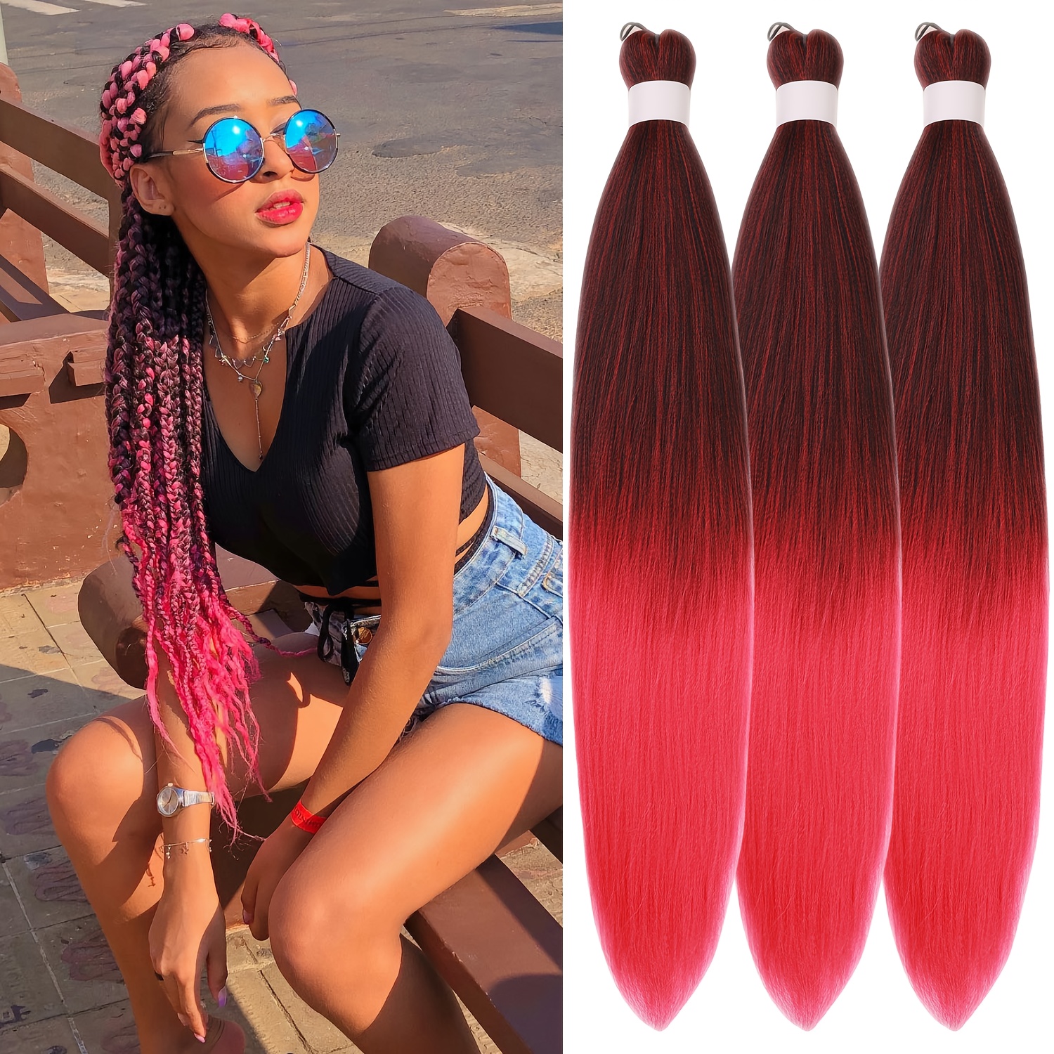 3pcs pre stretched   straight low temperature fiber synthetic hair colored braiding hair extensions 26 inch basics style for women details 0