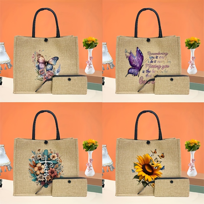 

Ensemble de sacs fourre-tout à motif de fleurs et de papillons, sac de courses léger en toile de jute, sac de plage de voyage Portable avec porte-monnaie 2 pièces