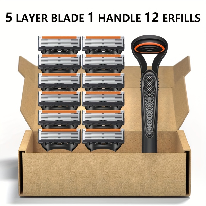 

1pc Men's 5-layer Safety Set With 12 Refillable Blades - Manual Shaver For Beard And Mustache Grooming, Metal Construction, Reusable And Rinseable Blades For Smooth Shaving