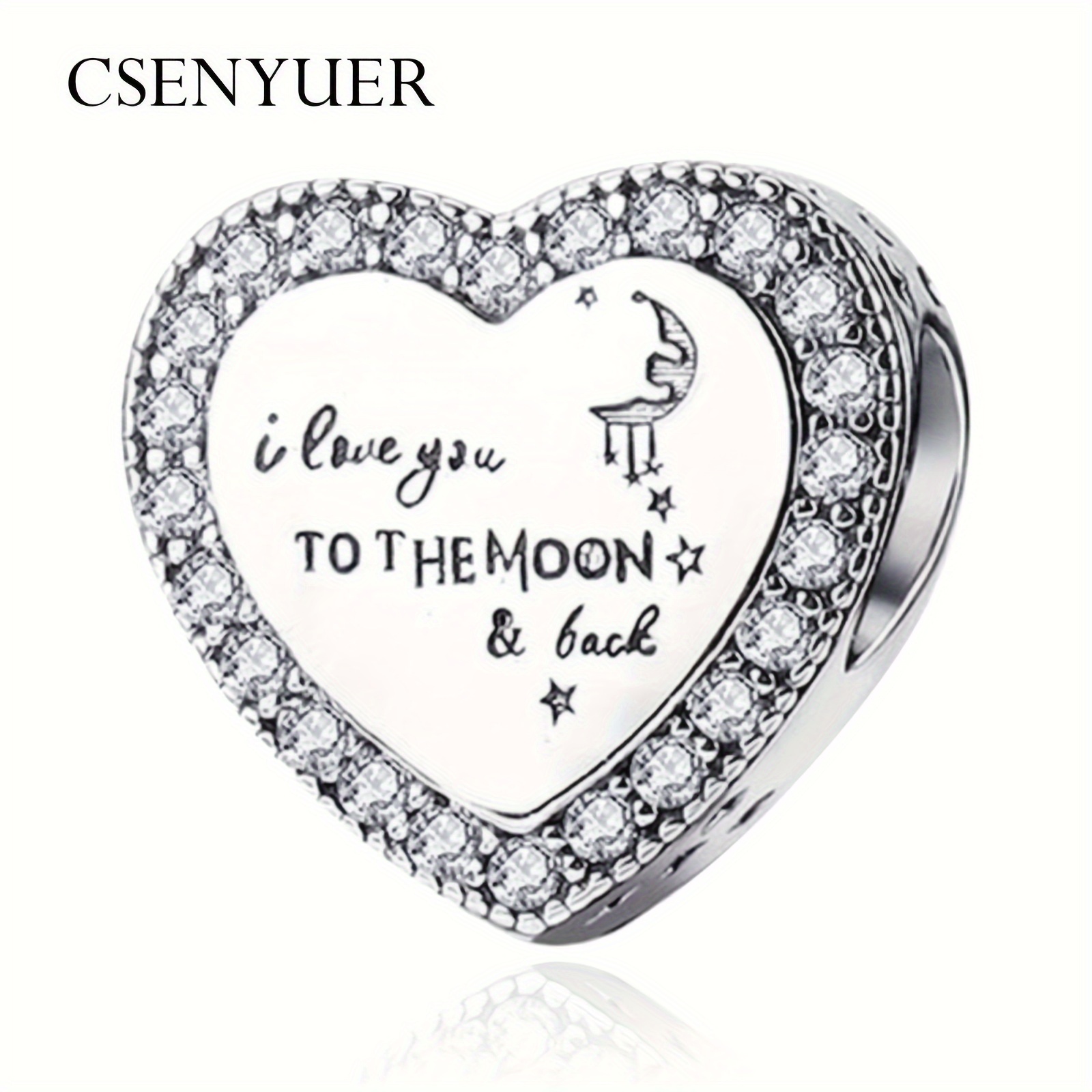 

925 Sterling Silver Heart Charm Pendant, 'love You Moon Back' Design, Synthetic Cubic Zirconia, Fits European Bracelets And Necklaces