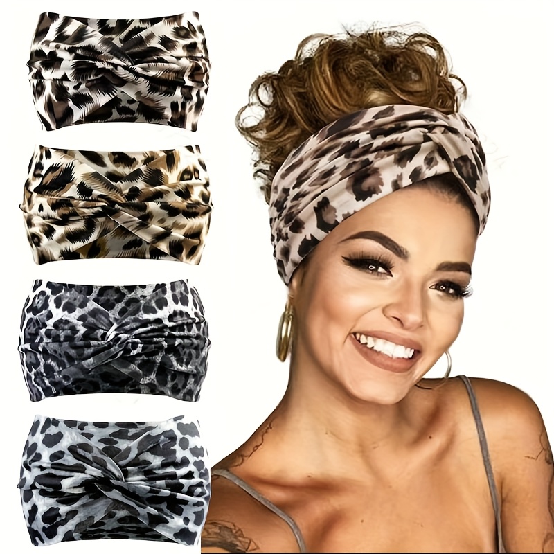 TEMU 4-pcs Women's Athletic Headbands &ndash; Elastic Sweat-absorbent Hairbands With Leopard Print, Suitable For Running, Yoga, And Fitness, Hairstyles, Short Hair Headband