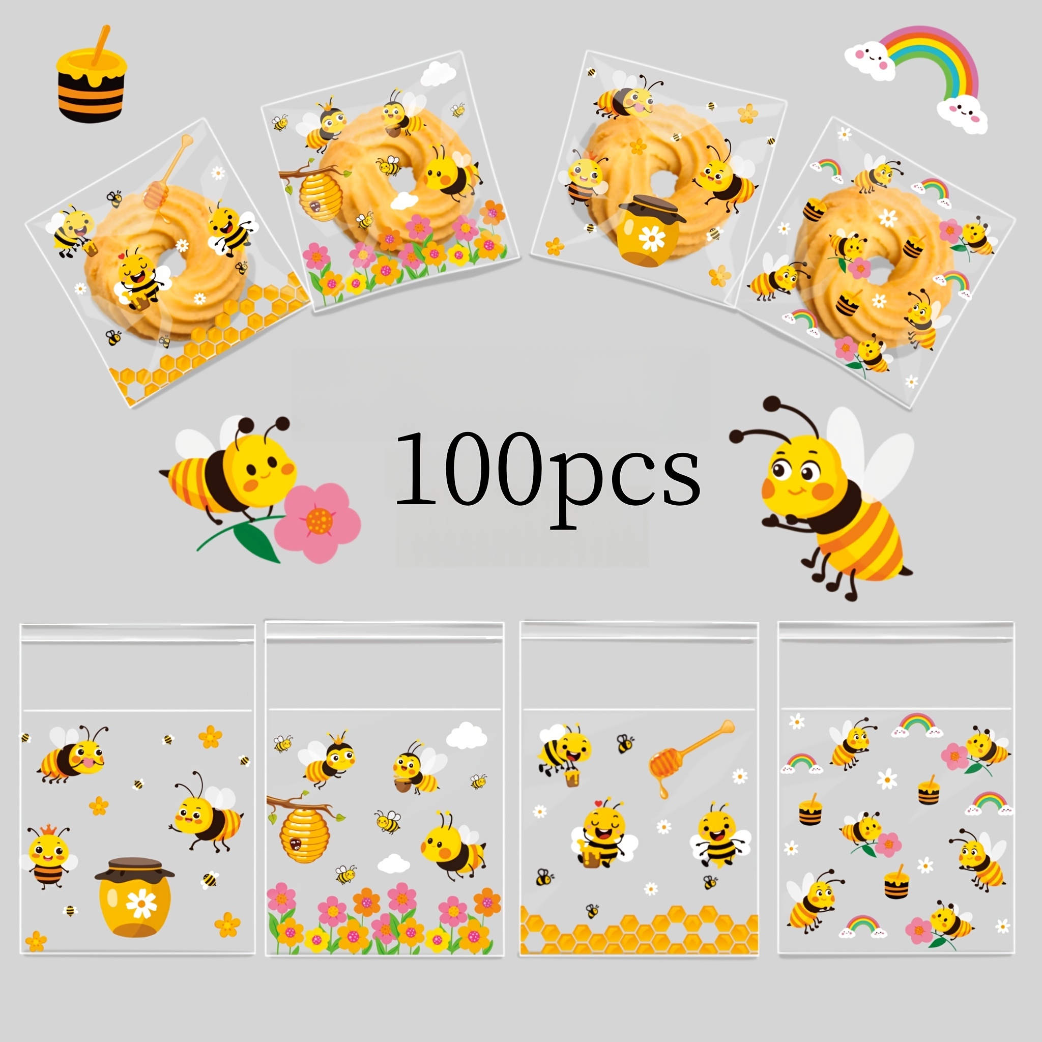 TEMU Lot de 100 sacs d'emballage à motif d'abeille, sacs cadeaux abeille jaune avec petites fleurs, sacs cadeaux pour fournitures de fête, sacs