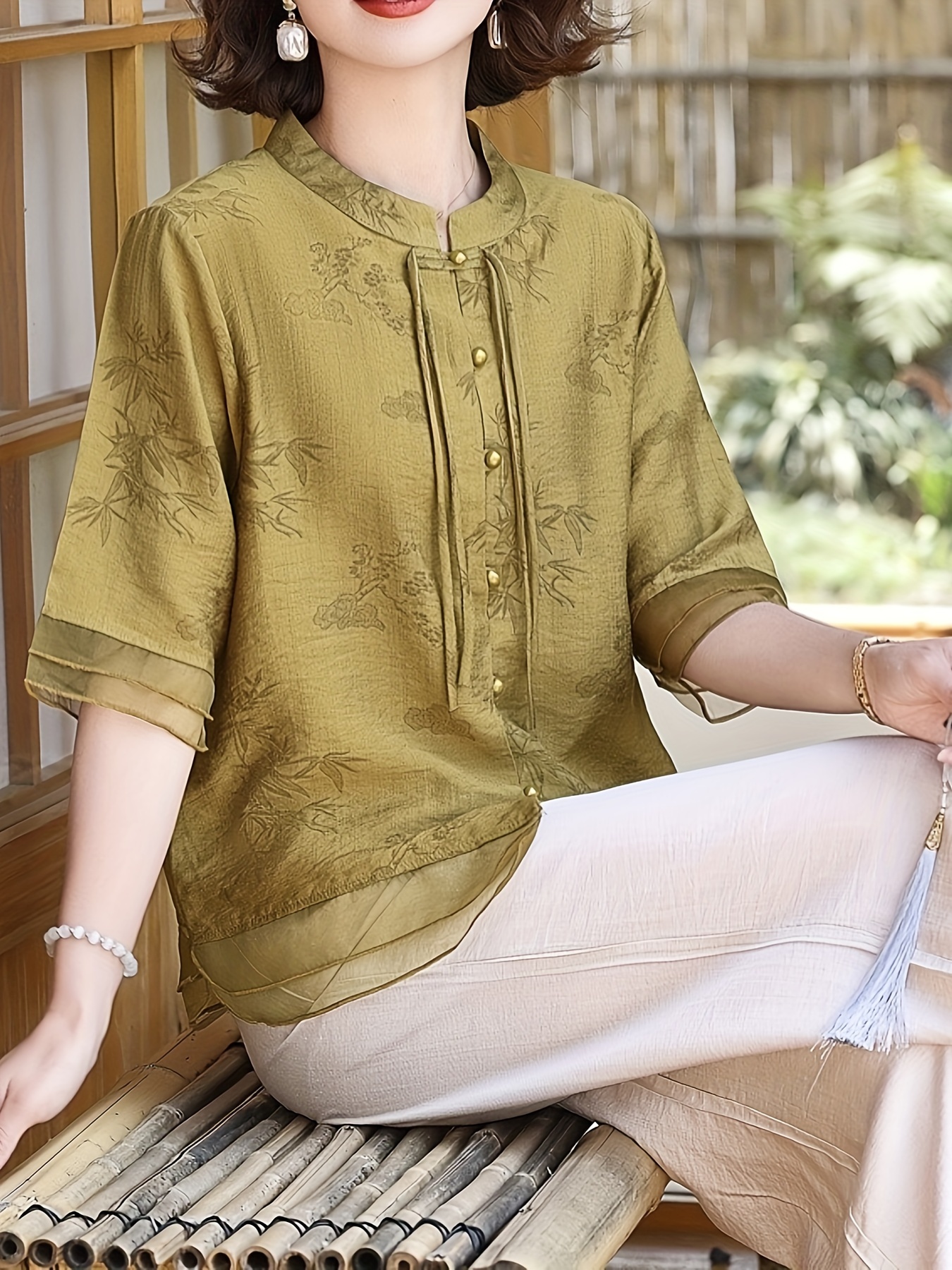 elegant summer women's short sleeve jacquard blouse - Temu