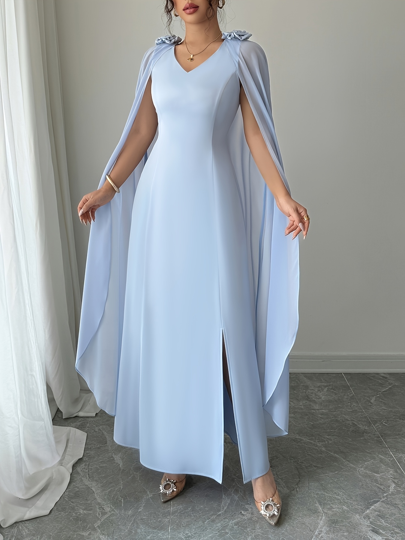 princess polly baby blue dress Emerald Coast Chiffon Cape Detail Tie Back Satin Bridesmaid Dress main image 0