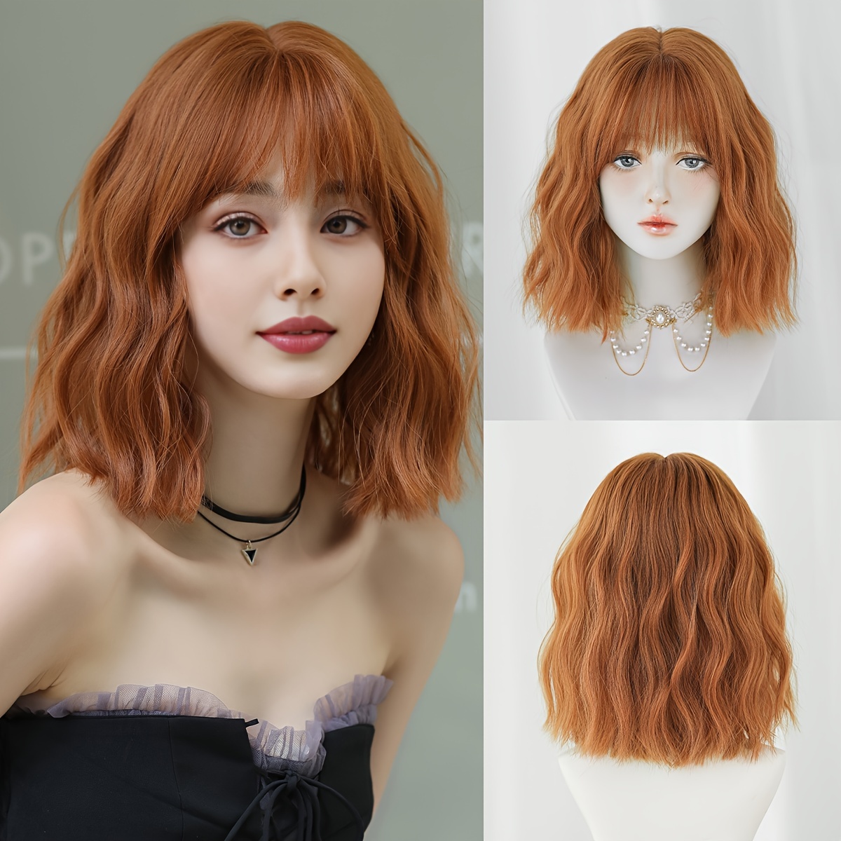 

1pc 7jhh Wigs Women's Short Bob Wig - , Dirty Orange With Bangs, High Density 150%, Fluffy , Heat Resistant Synthetic Fiber, Cap, 13.38 Inches For Daily And Party Use