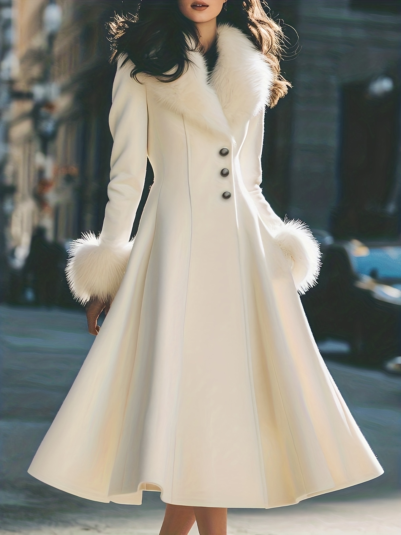 Womens White Coat Retro Waist Cinching Flared Length
