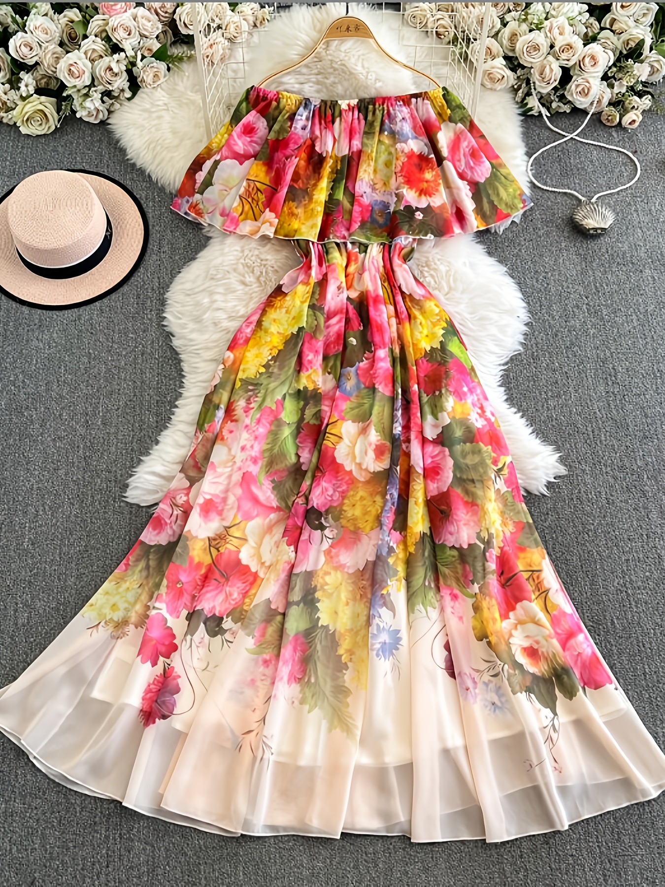 women's floral print shoulder dress hem lightweight Temu Ireland