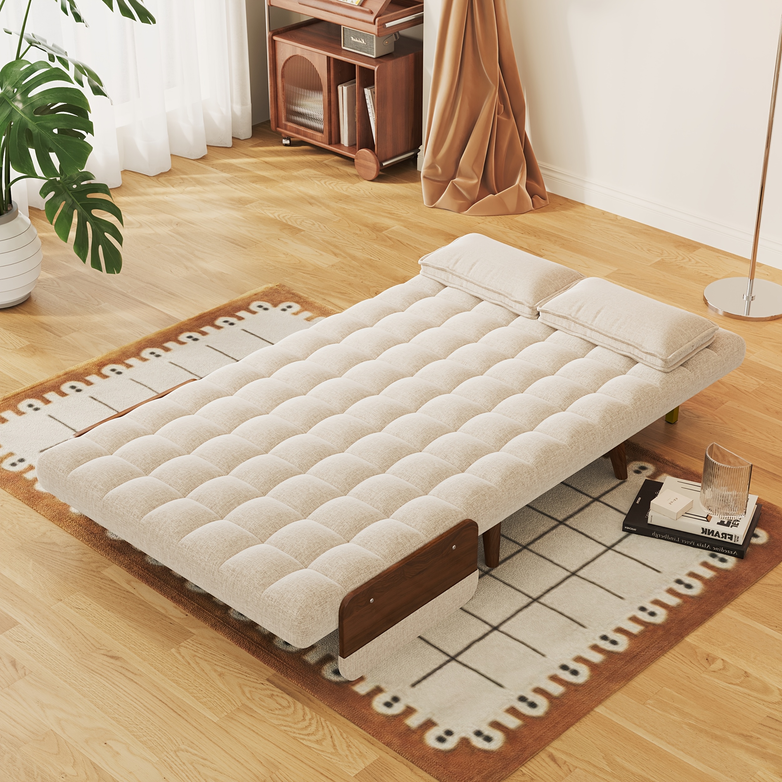1 Modern Cotton And Linen Convertible Sofa Bed with 5 Adjustable Backs, Adjustable Height Pillows - Living Room Recliner, Single Or Double Use, Living Room Furniture Sofa | Neutral Home Decor | Wood Frame Sofa (Beige/Coffee)