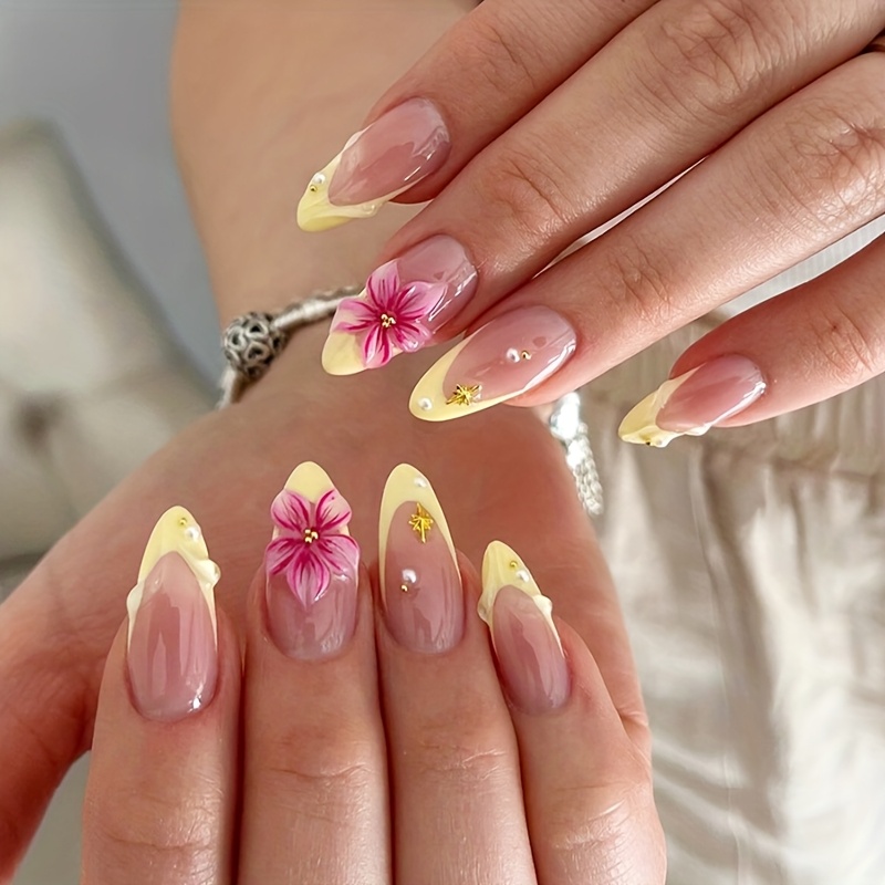 TEMU Uñas Postizas con Flores, Forma Almendrada Media, Uñas Acrílicas con 3D, Perlas de y , Superficie , Reutilizables, 24 unidades, de Moda, Estilo