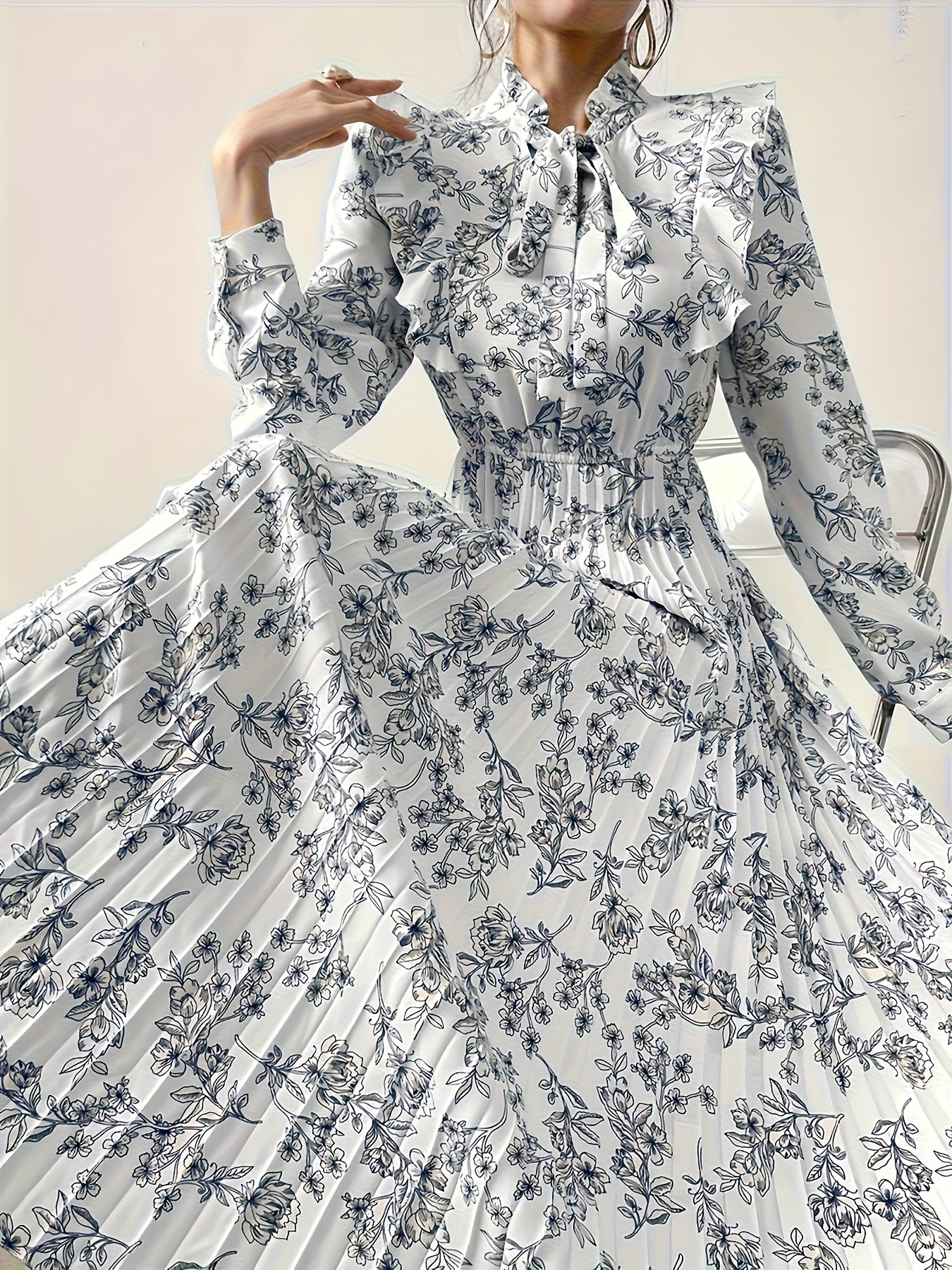 Floral Print Ruffle Neck Pleated Maxi Dress in soft polyester blend