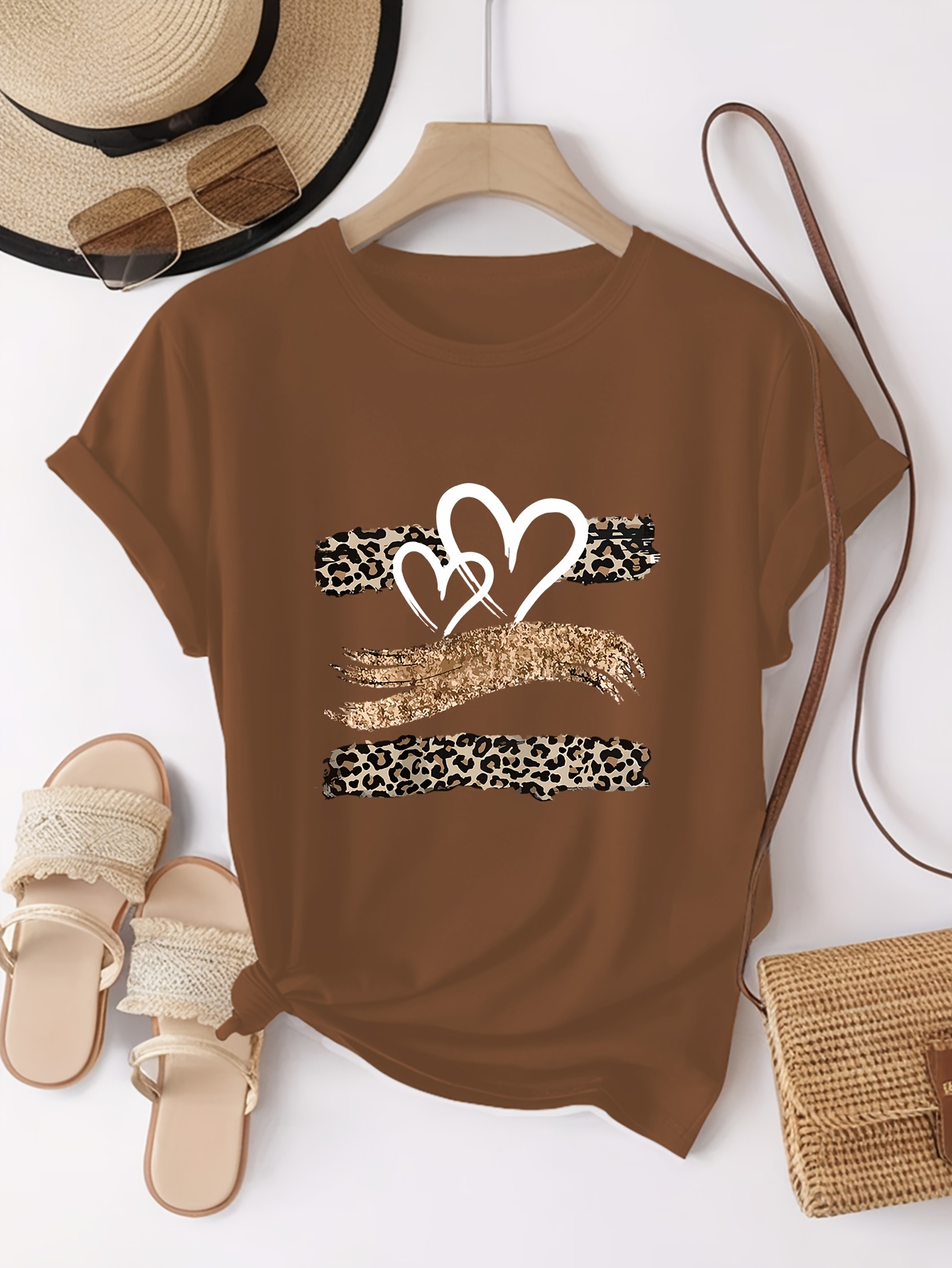 Leopard Print Heart Glitter-themed Pattern Print, Fashionable Breathable T-shirt, for Family Travel,, Casual S, Daily Commutes, Matching Outfits for Sisters, Versatile T-shirt 30057