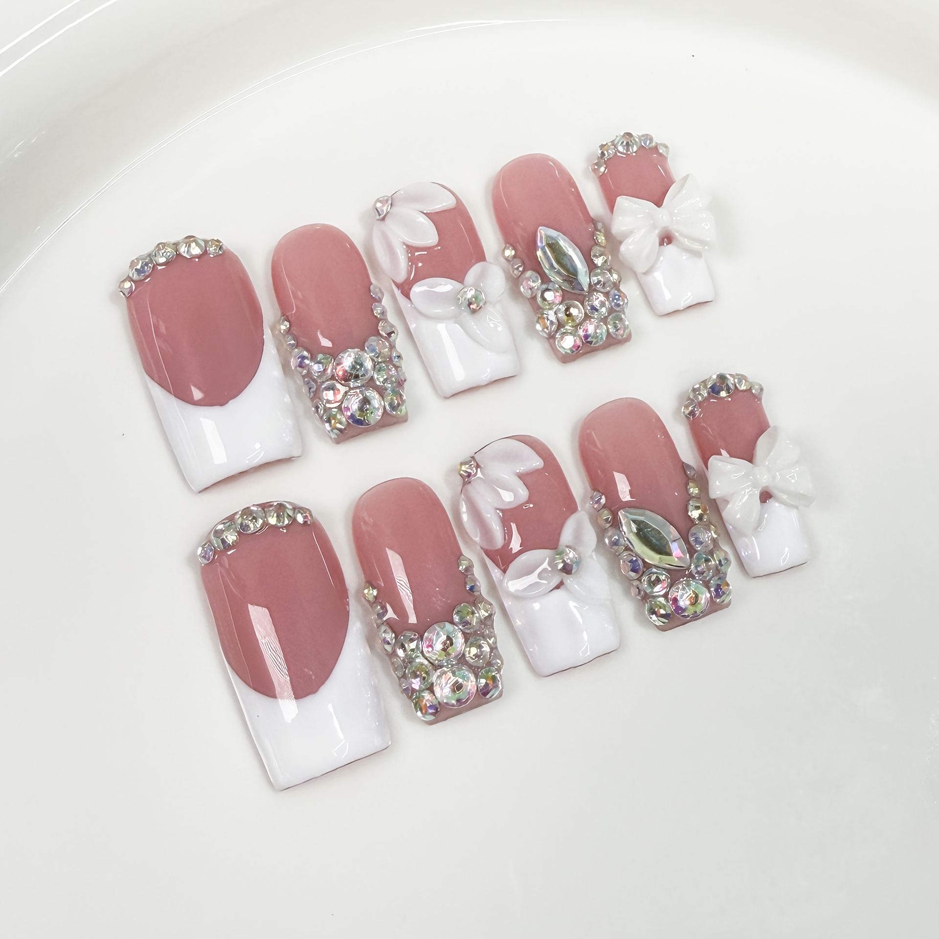 TEMU 10pcs High-end Light Luxury And Sweet, Nude Pink Full Of, Hand-painted Three-dimensional Flower Bow Handmade Fake Nails, Nail Patches Suitable