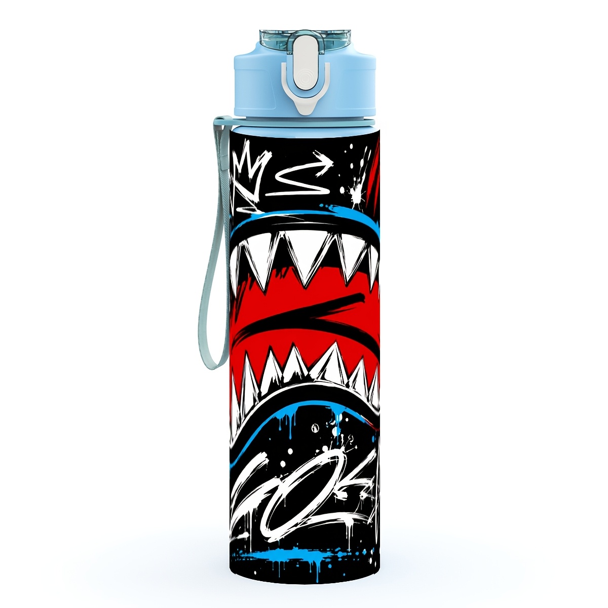 TEMU 1pc 750ml/25oz Plastic Sports Water Bottle, Graffiti Shark Mouth Street Lettering Print, Clear Lid, Easy-clean Mouth, Push-button Open, Stylish