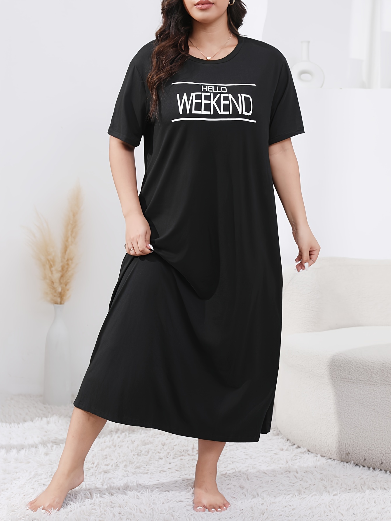 Women's Plus Casual Lounge Dress, Plus Size Slogan Print Short Sleeve Round Neck Sleep Dress