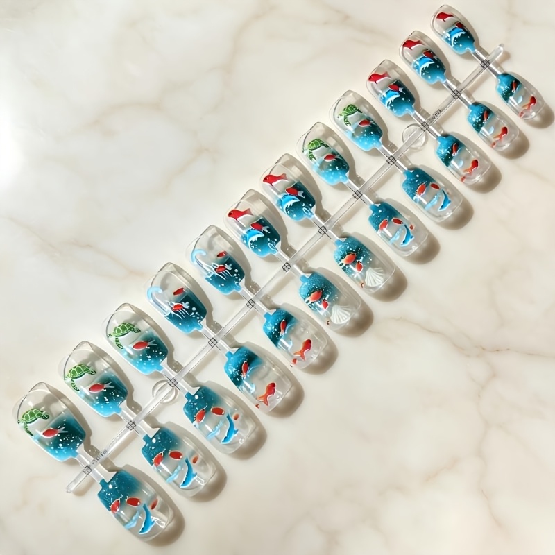 TEMU Light Luxury Three-dimensional Nail Art; Press-on Nails; Chinese Style; 24pcs With Unique Patterns On Each Nail: Swimming Goldfish, Stretching