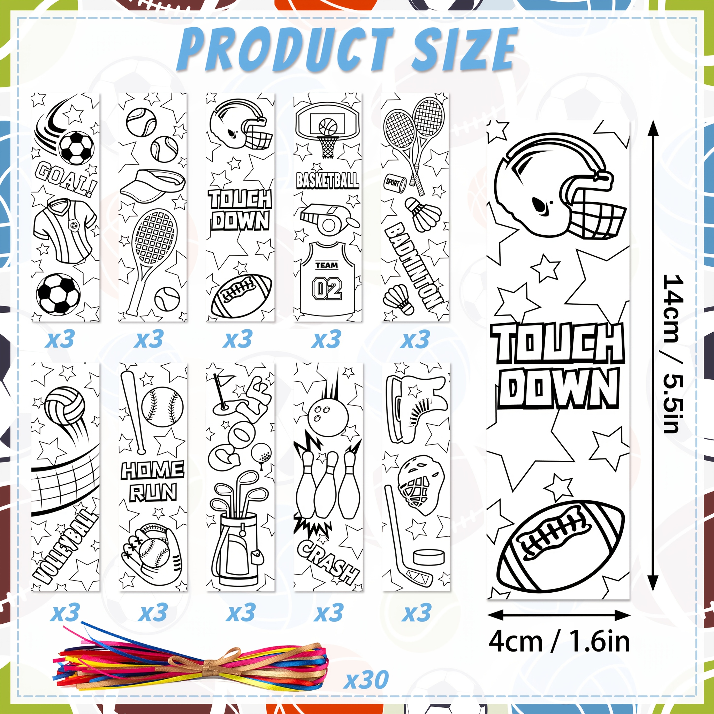 Image of 30pcs Sports Ball Color Your Own Coloring Bookmarks For Gifts Basketball Softball Theme Coloring Blank Bookmark Classroom Art Craft Supplies For Teachers Students Birthday Gift Party Reward