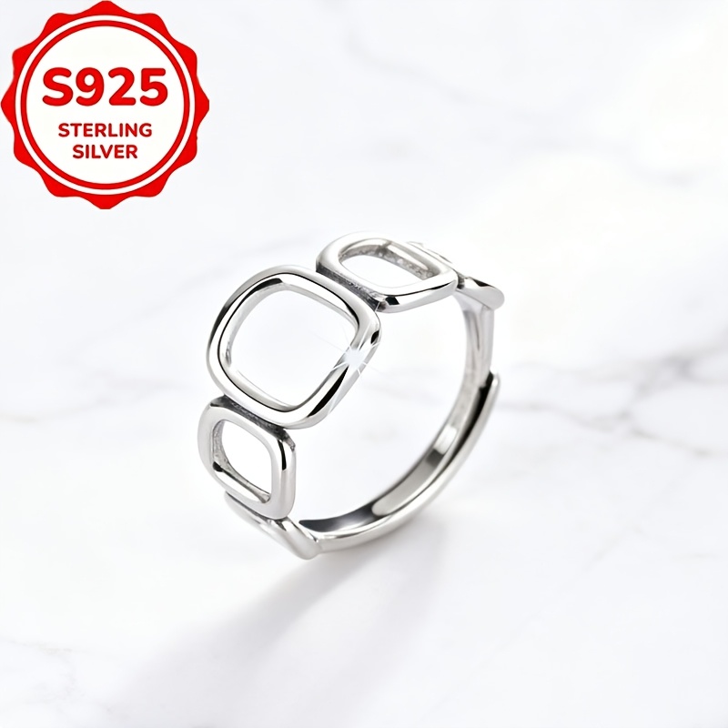 Women's S925 Silver Woven Square Open Ring, Elegant Gift