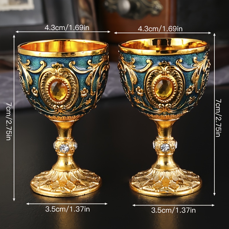 2pcs Vintage Medieval Style Imitation Renaissance Chalice Goblets, Luxurious Golden Finish with Ornate Floral Patterns, Handcrafted Metal Cups for Housewarming Gifts, Special Occasions, and Decorative Use