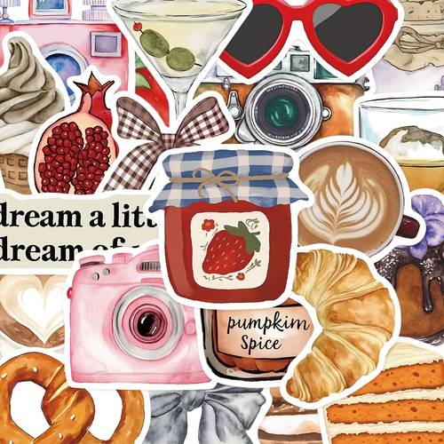 item picture 50pcs pinterest inspired aesthetic stickers whimsical food camera design mixed colors self plastic decorative stickers for diy crafts journals laptop water bottles irregular shapes cute stickers journal decoration