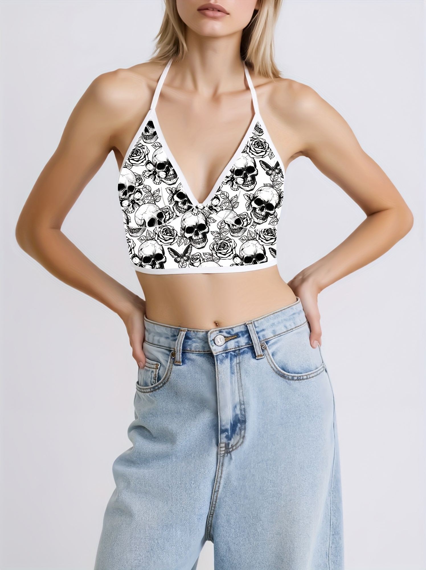 y2k gothic skeleton print backless crop top black white - Temu