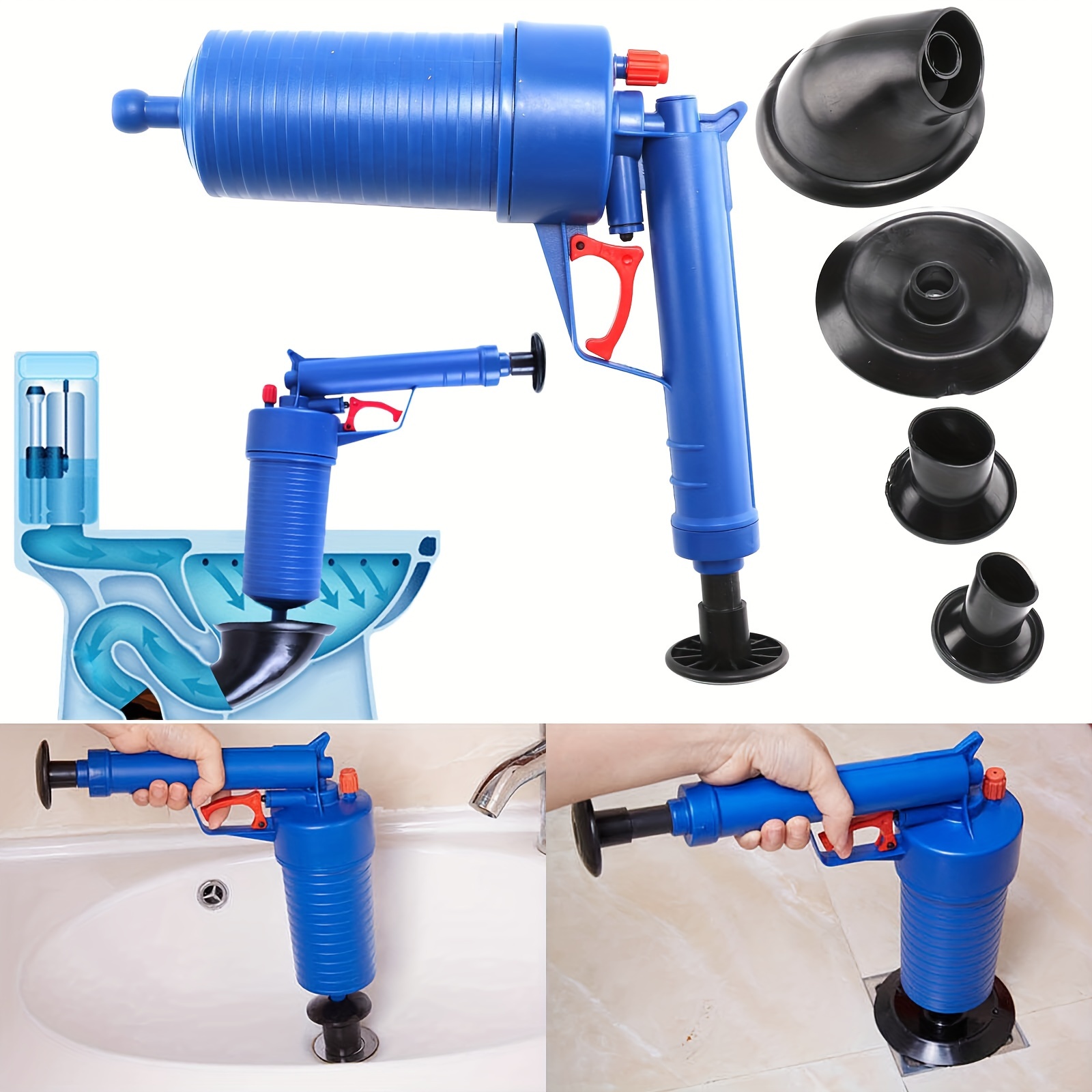 TEMU Toilet Plunger Unblocker - High-pressure Sink Plunger With Adaptors For Powerful Blockage Removal In Kitchen And Bathroom