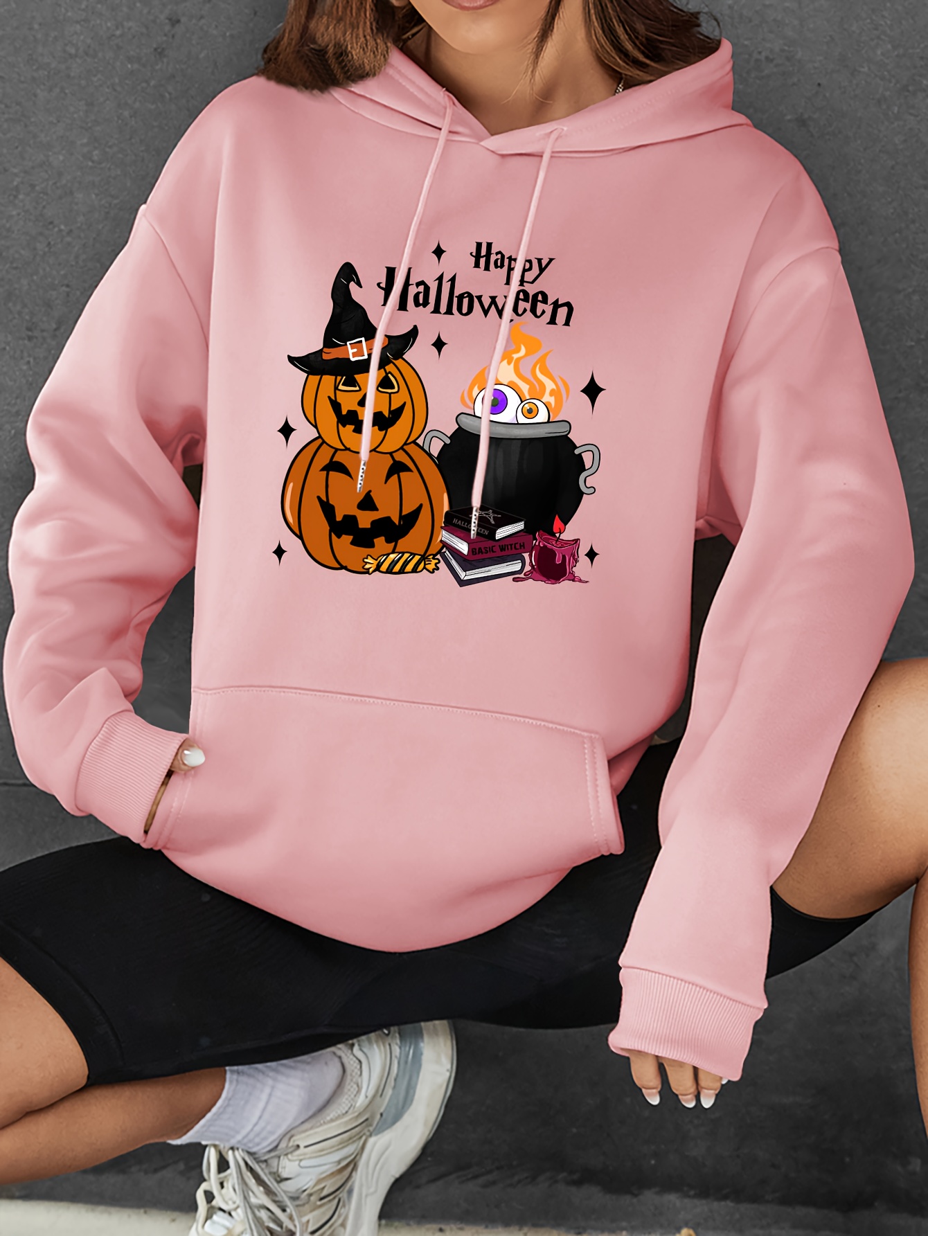 halloween pumpkin print kangaroo pocket hoodie casual long Temu