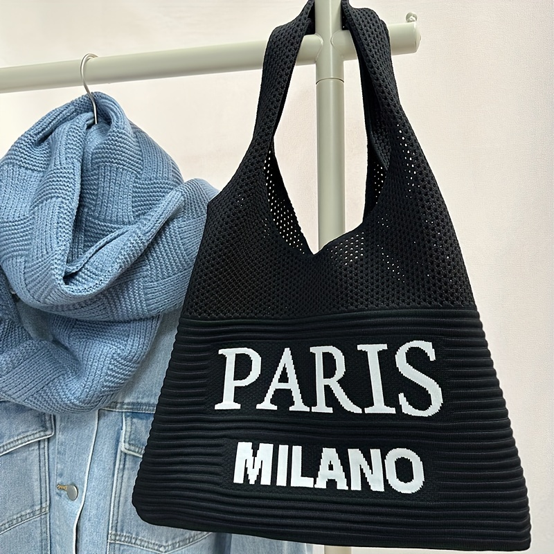 TEMU Bolso de de punto para mujer a , bolso de playa de viaje, bolso tote de punto con corte de retro, bolso de compras de tela de hilo de punto de