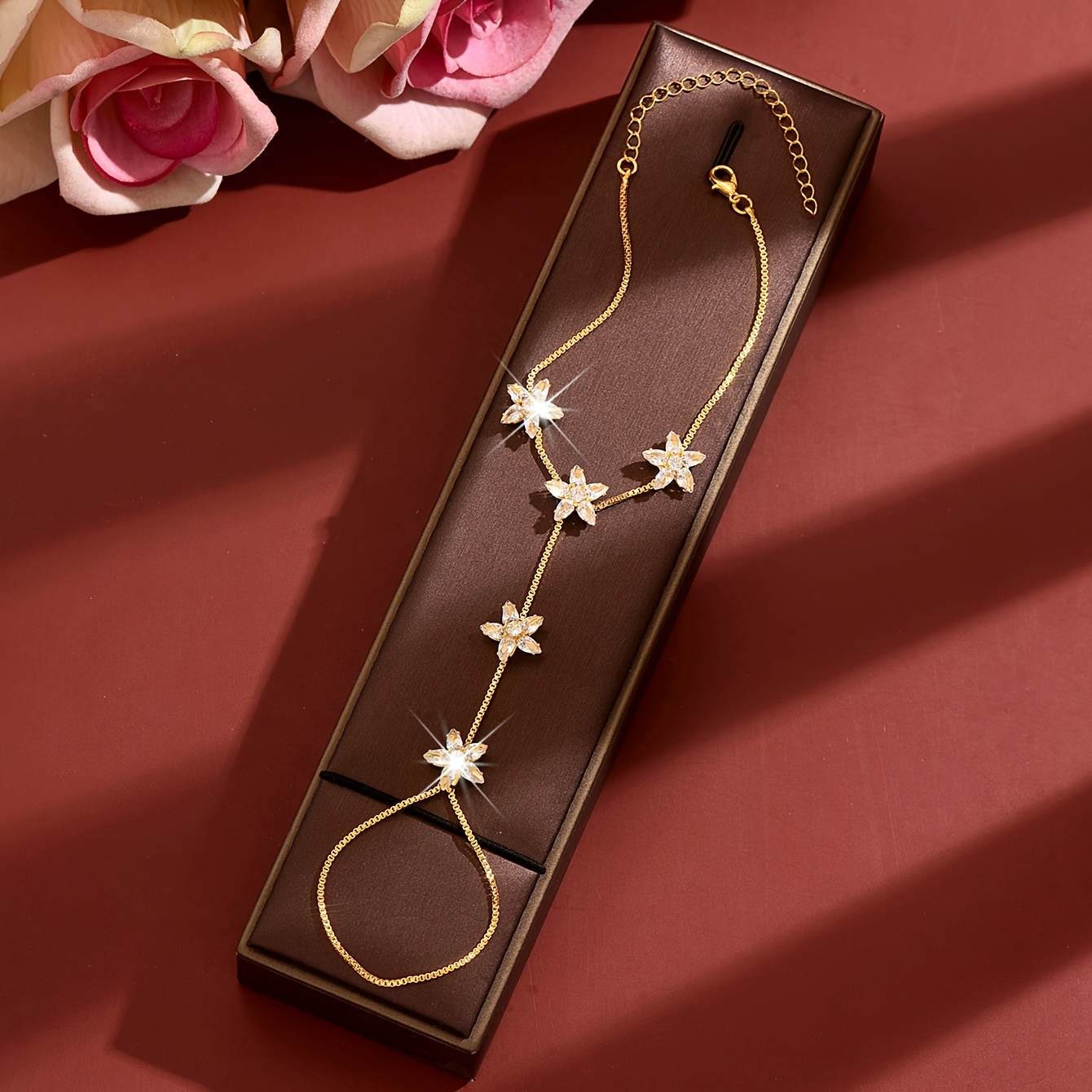Women's Floral Diamond-Studded Finger Bracelet, Copper Design