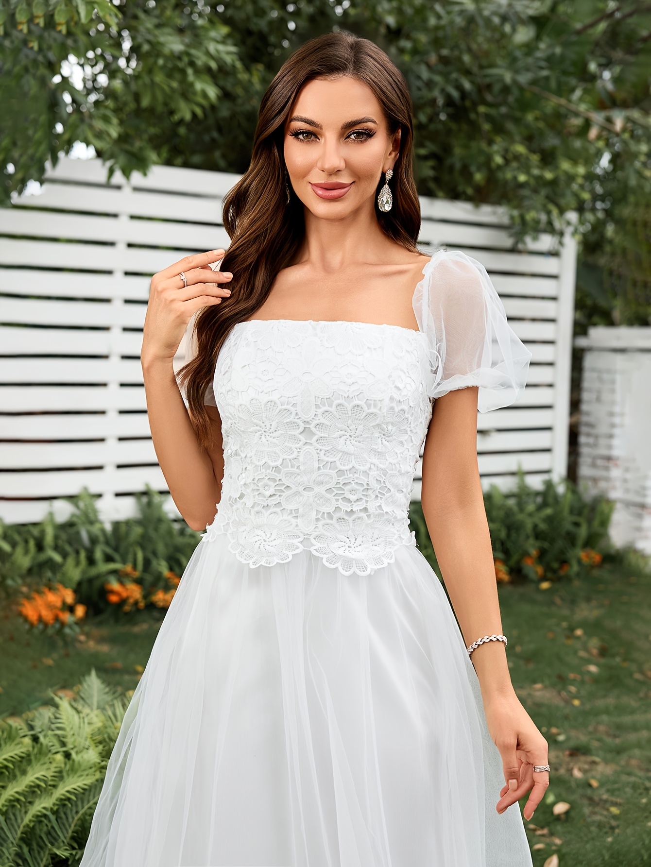 open lace back dress Straps Lace and Mesh Knee Length White Party Dress – FancyVestido main image 0