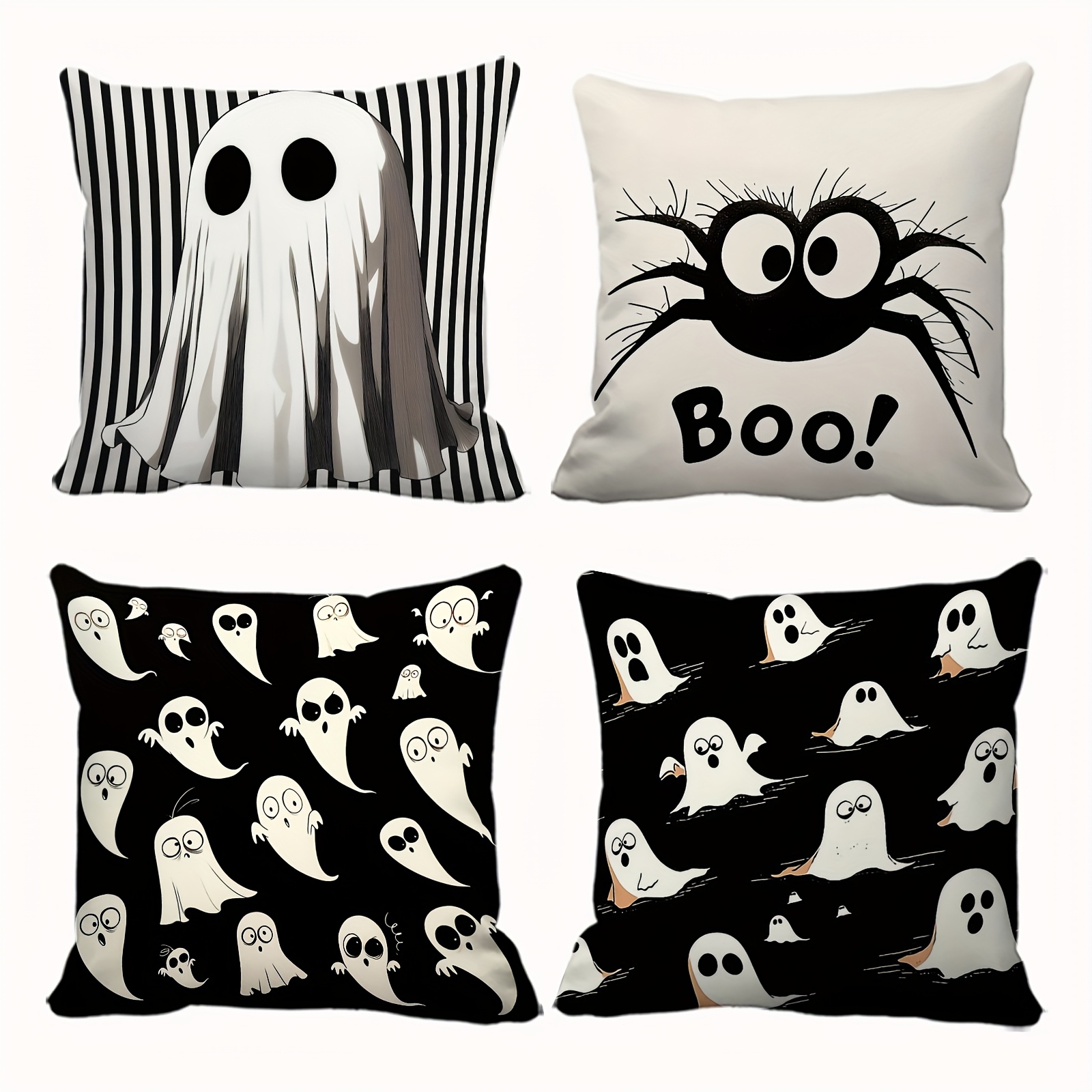 Image of A Set Of 4 Pillow Covers With A Halloween Theme, Featuring A Black And Scheme, Decorations Like And Shapes. Covers Are Perfect For Party Decorations And Home Decor, Suitable For Sofas