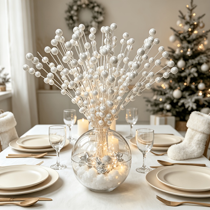 TEMU 21pcs White Snowflake Glitter Artificial Berry Branches, Suitable For Christmas Trees, Wreaths, Vase Arrangements, Wedding Winter Home Diy