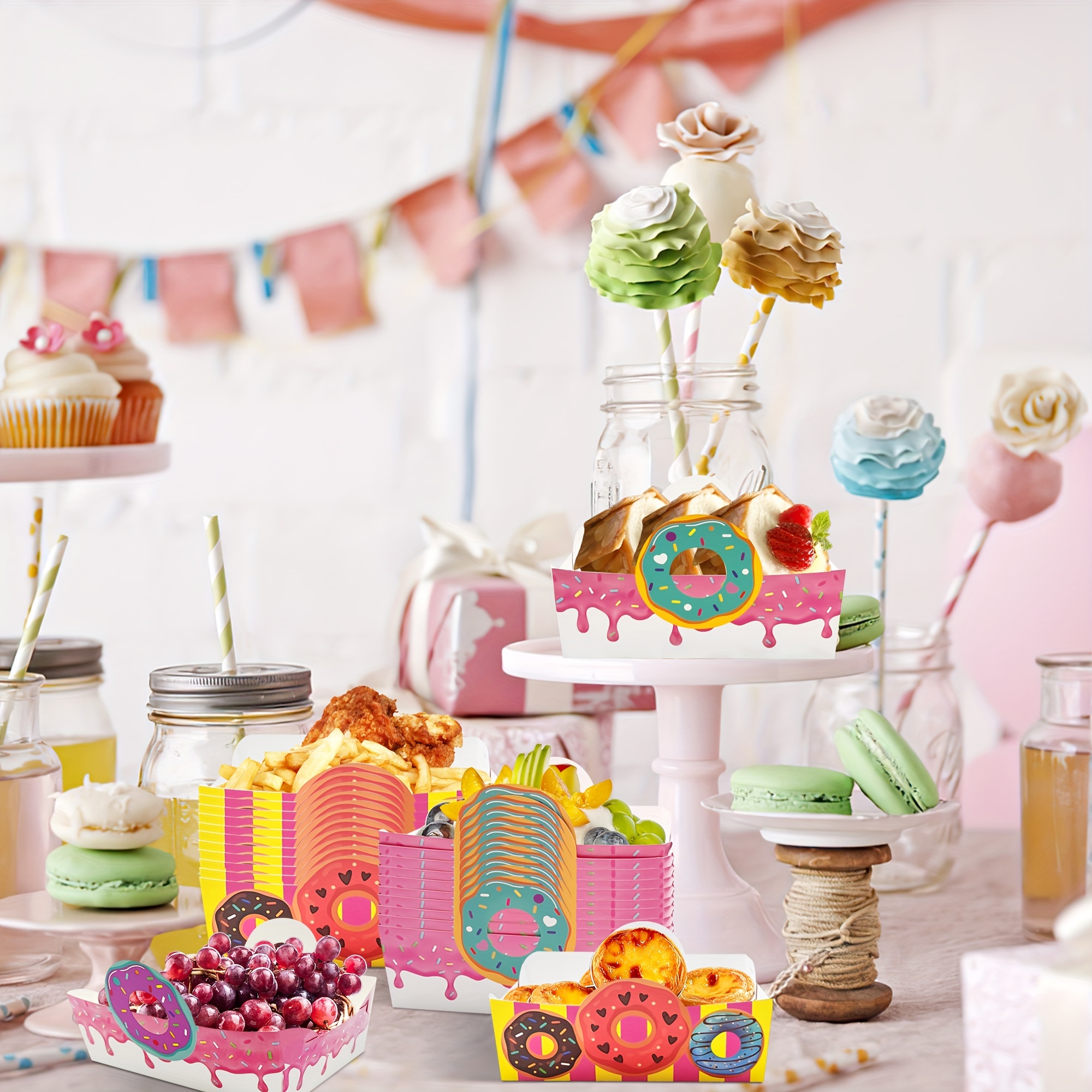 24pcs Donut Paper Food Trays Disposable Colorful Donut-Shaped Snack Bowls  with Sprinkles, Vibrant Party Decorations for Birthday Baby Shower Kids Pa